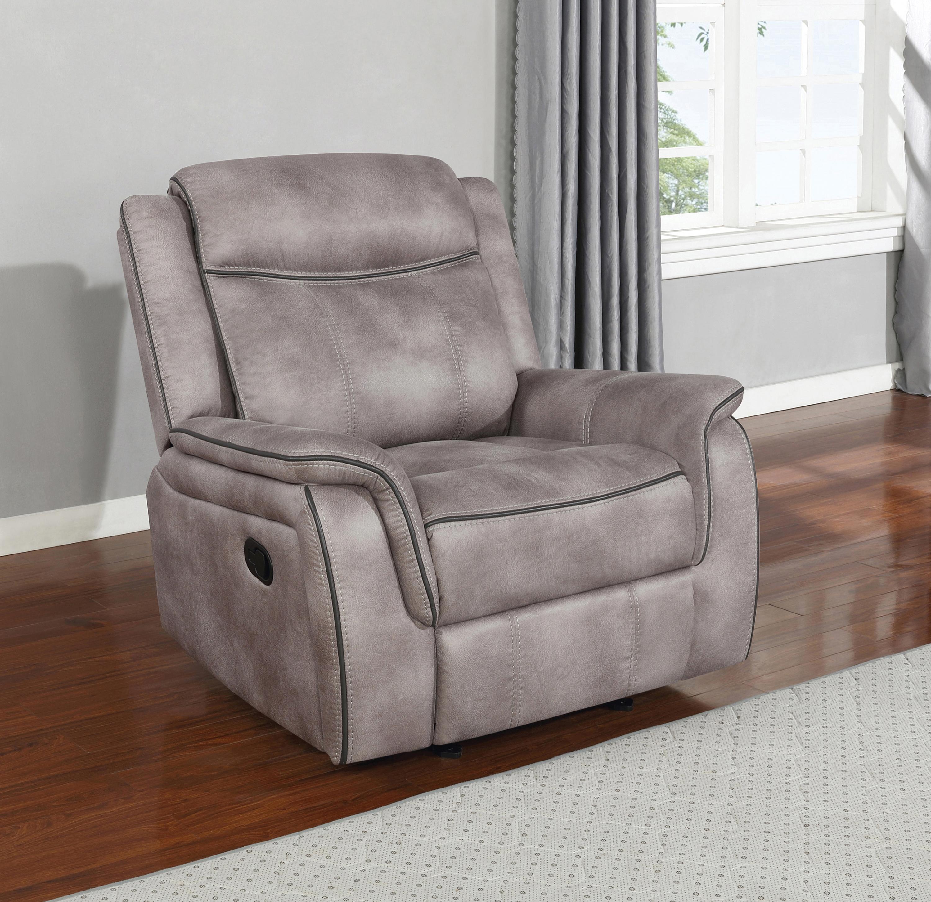 

    
Transitional Taupe Coated Microfiber Glider Recliner Coaster 603503 Lawrence
