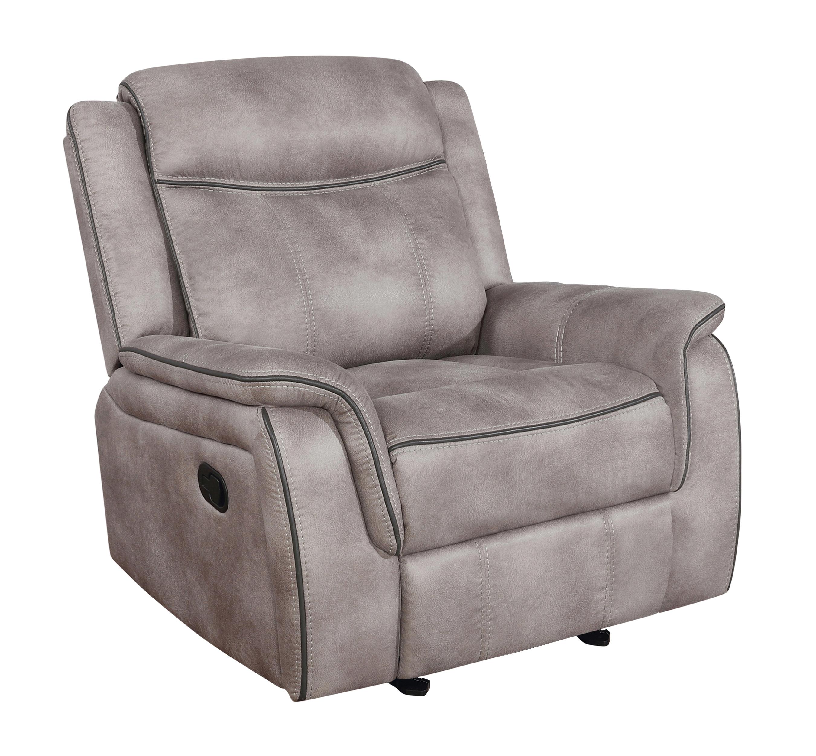 

    
Transitional Taupe Coated Microfiber Glider Recliner Coaster 603503 Lawrence
