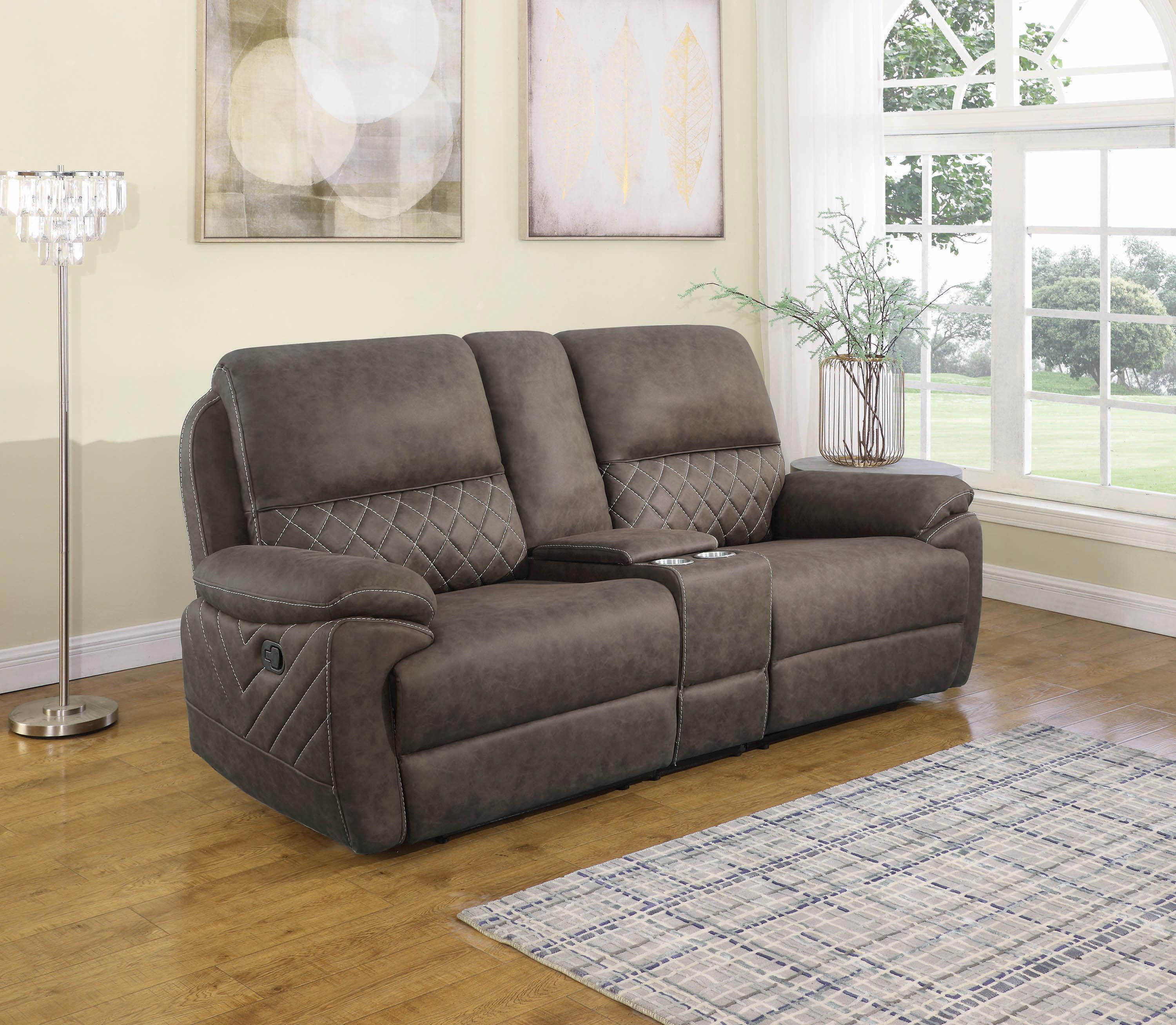 

    
Transitional Taupe Faux Suede 3-Piece Motion Loveseat Coaster 608982 Variel

