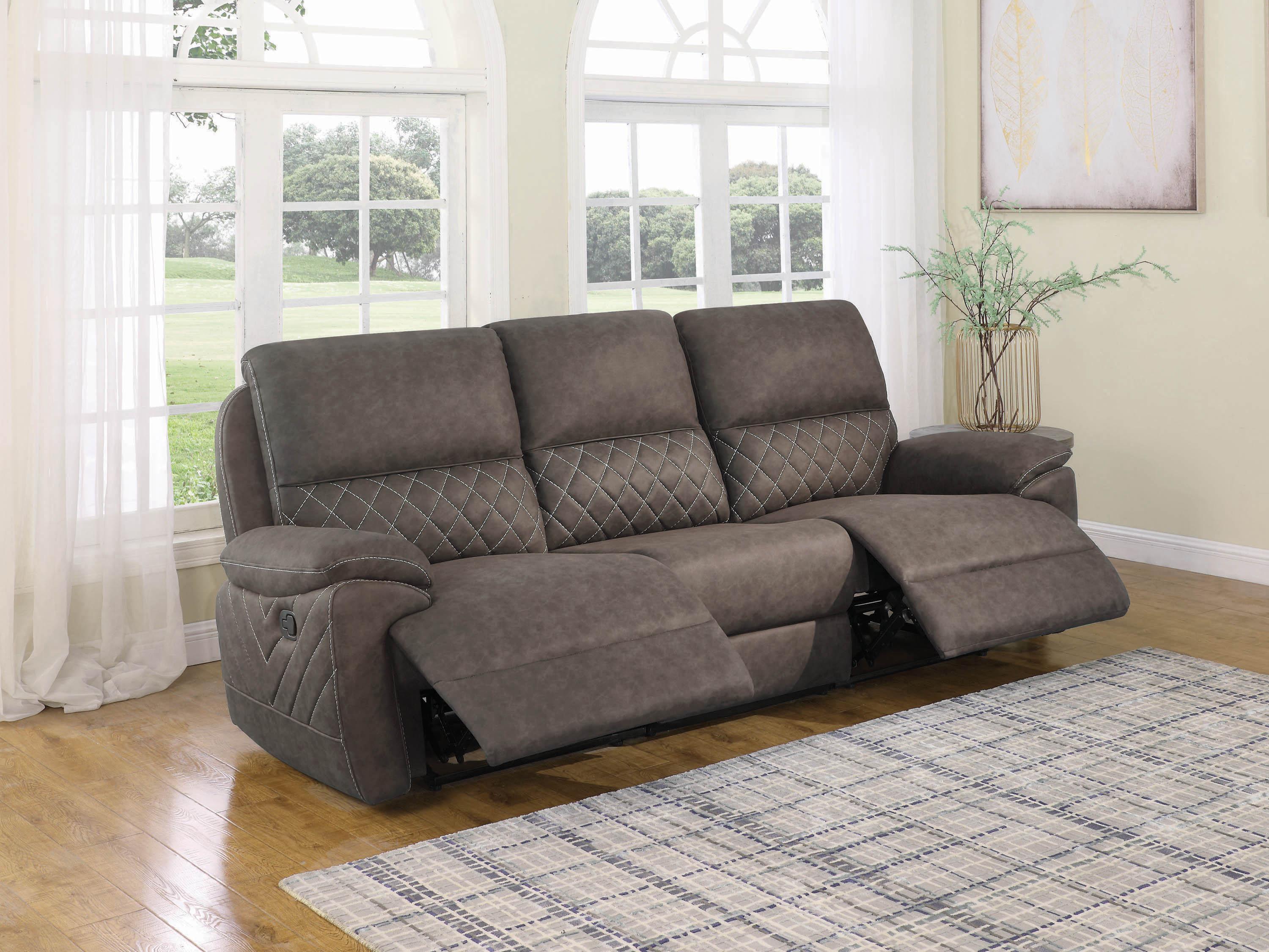 

    
Transitional Taupe Faux Suede 3-Piece Motion Sofa Coaster 608981 Variel
