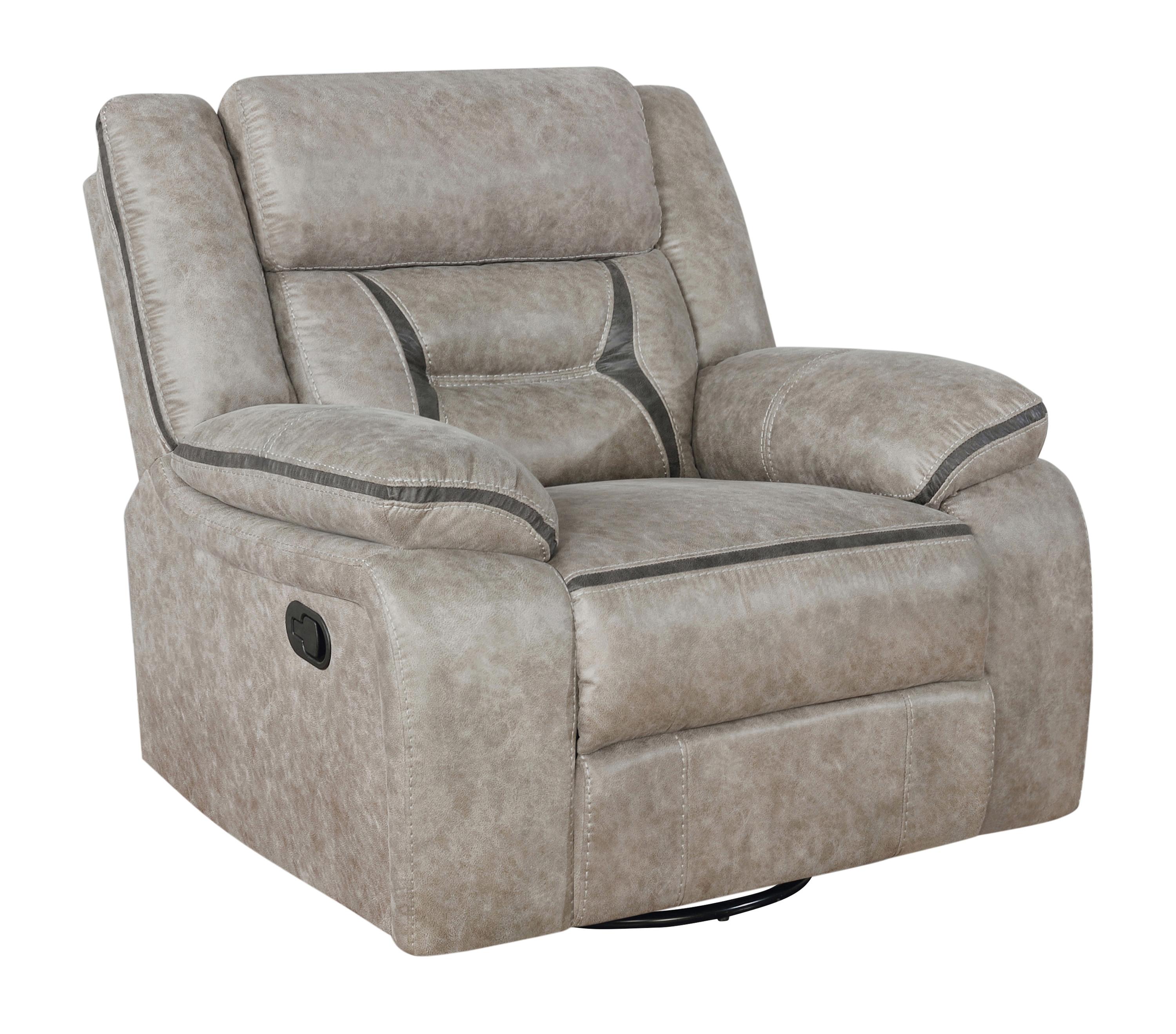

    
Transitional Taupe Leatherette Glider Recliner Coaster 651353 Greer

