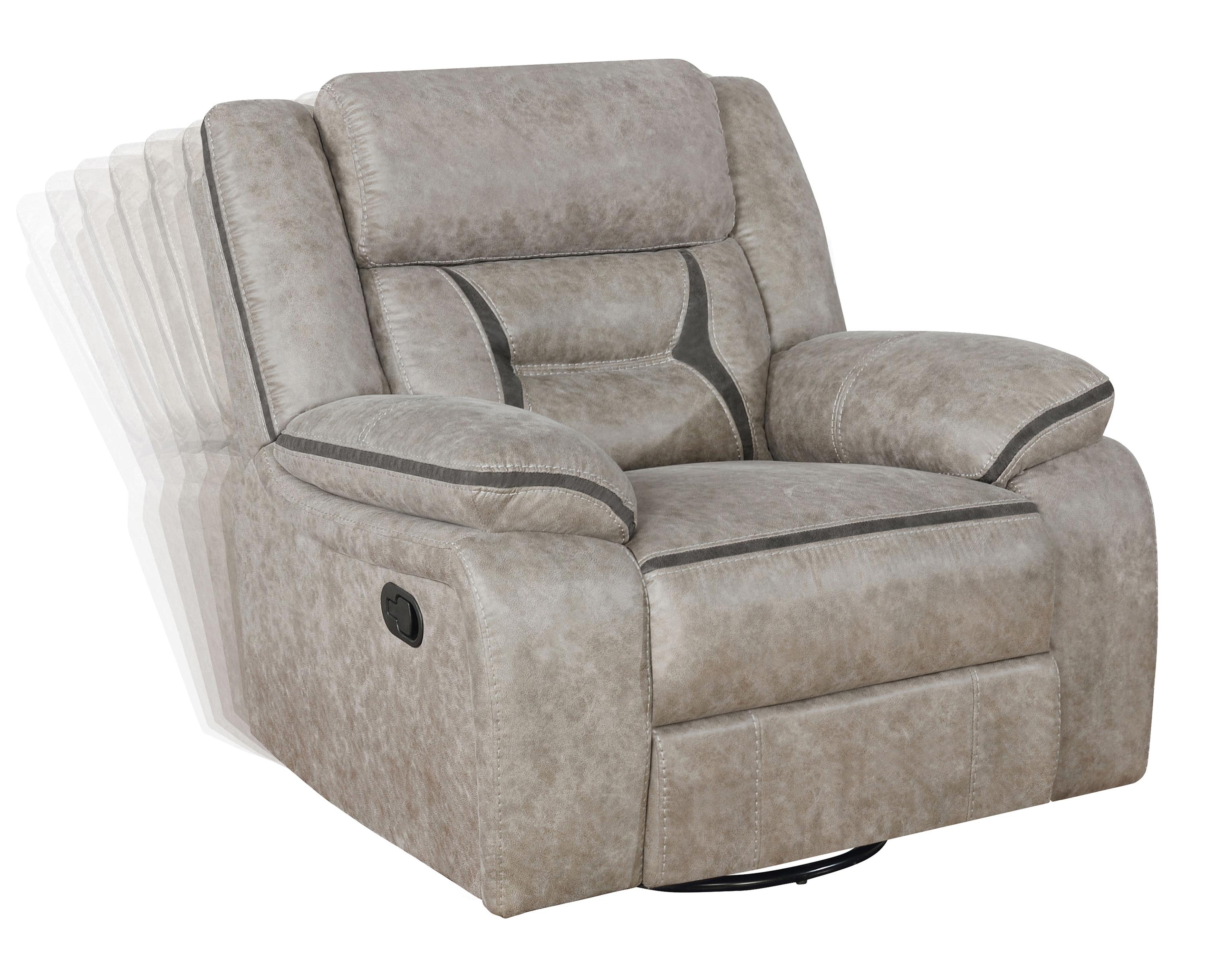 

    
Transitional Taupe Leatherette Glider Recliner Coaster 651353 Greer

