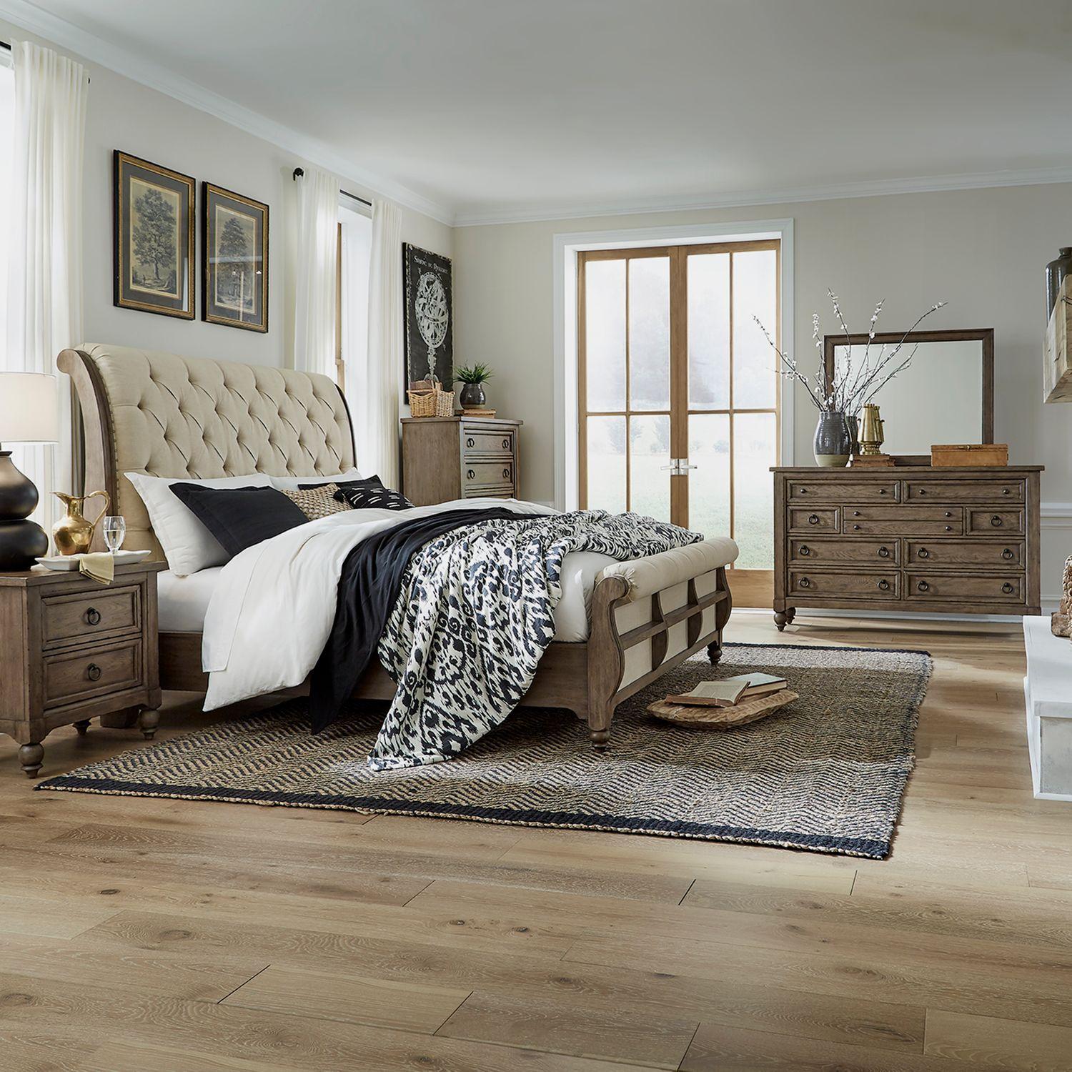 Transitional Sleigh Bedroom Set Americana Farmhouse (615-BR) 615-BR-QSLDMCN in Taupe, Black Linen
