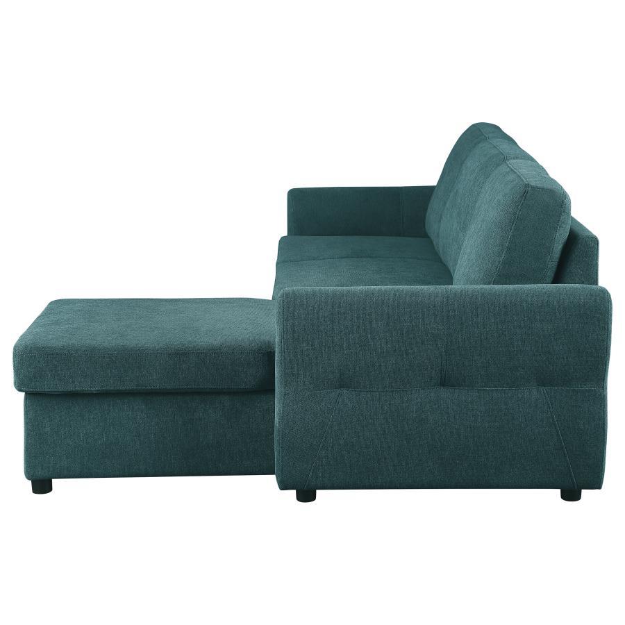 

    
 Shop  Transitional Teal Blue Wood Sleeper Sectional Sofa Coaster Andrea 511087
