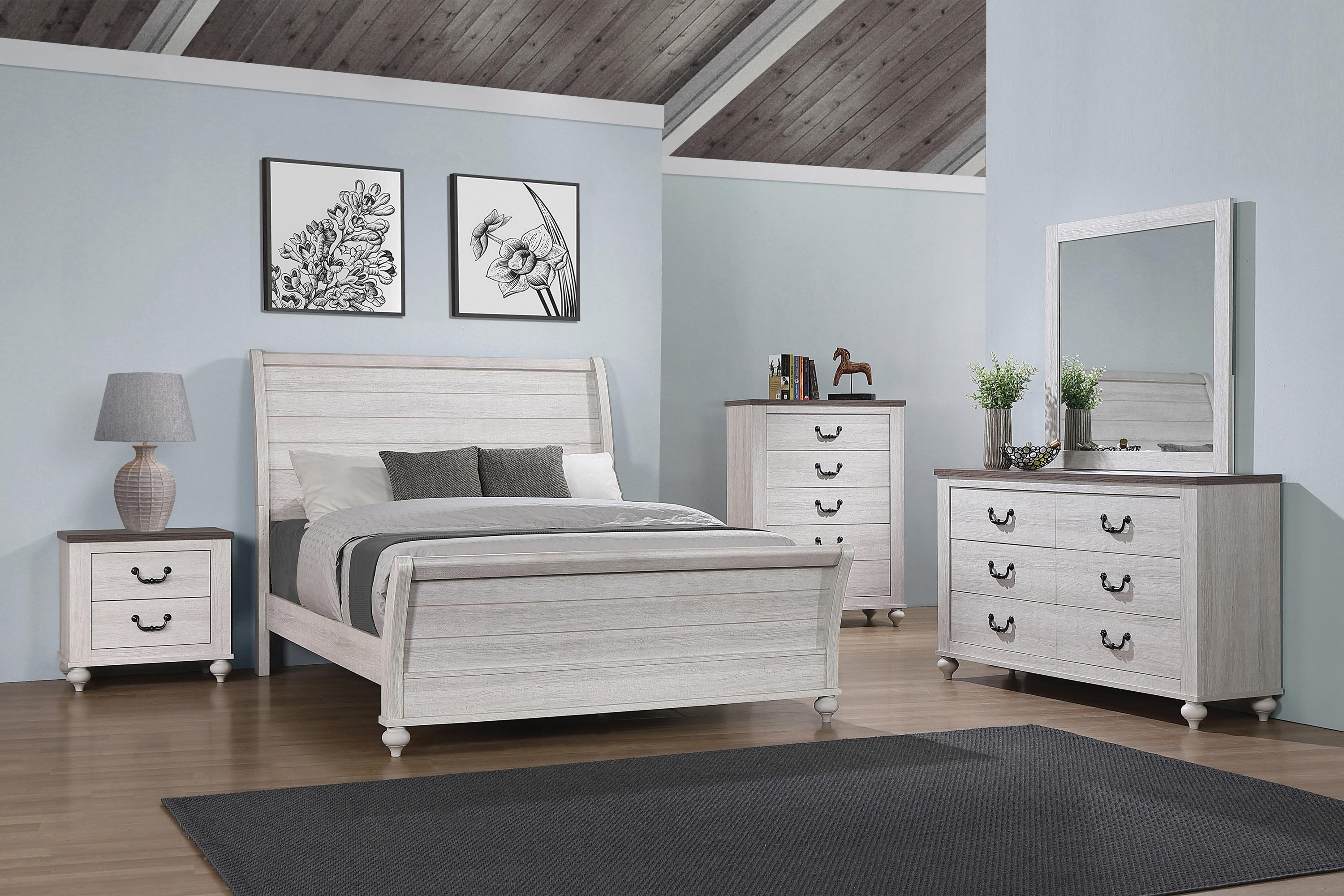 

    
Transitional Vintage Linen Wood Queen Bedroom Set 3pcs Coaster 223281Q Stillwood
