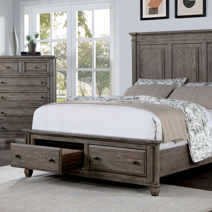 

    
Transitional Warm Gray Solid Wood California King Storage Bed Furniture of America Durango CM7461GY-CK
