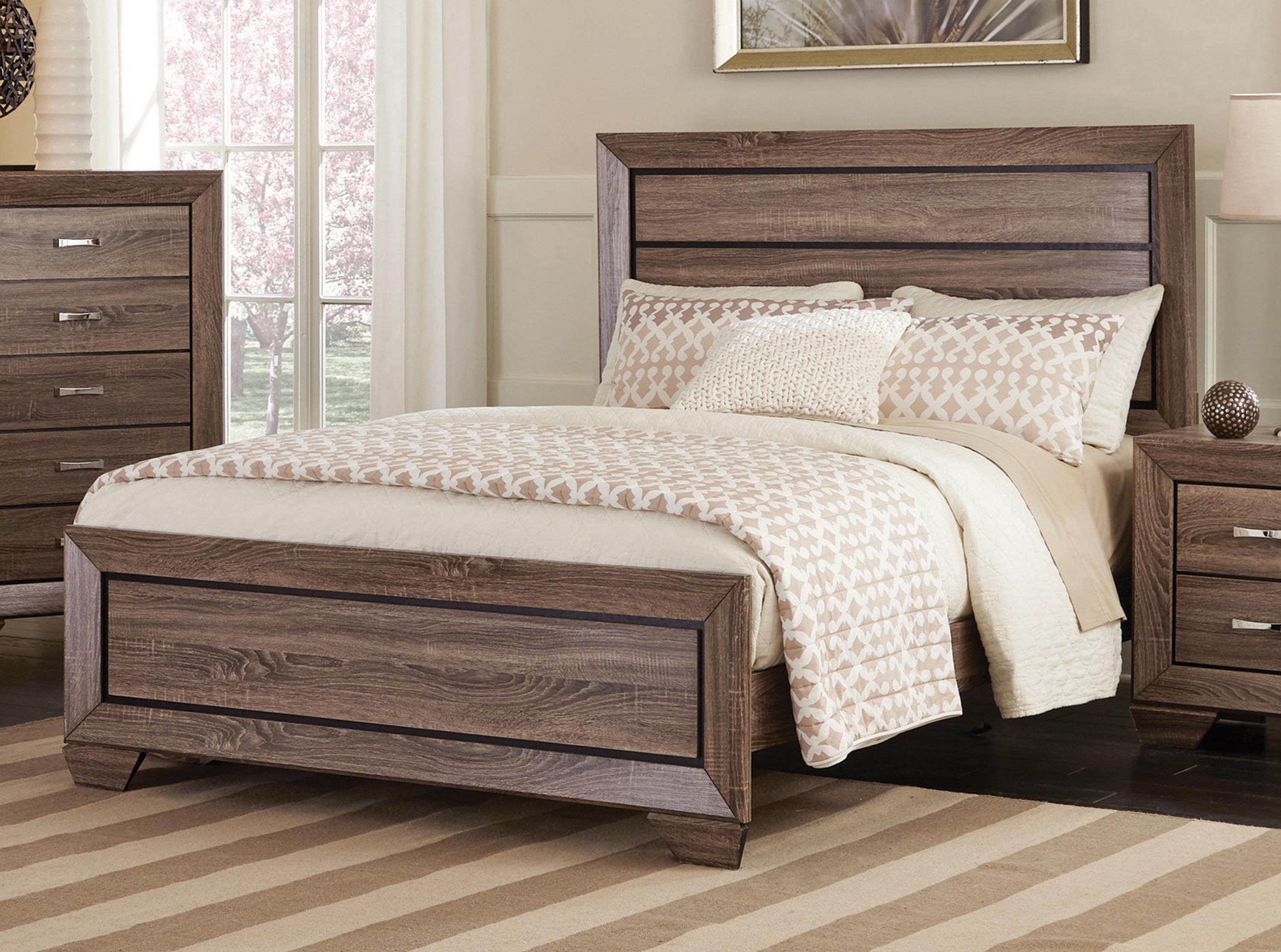 

    
Transitional Washed Taupe Wood Queen Bed Coaster 204191Q Kauffman
