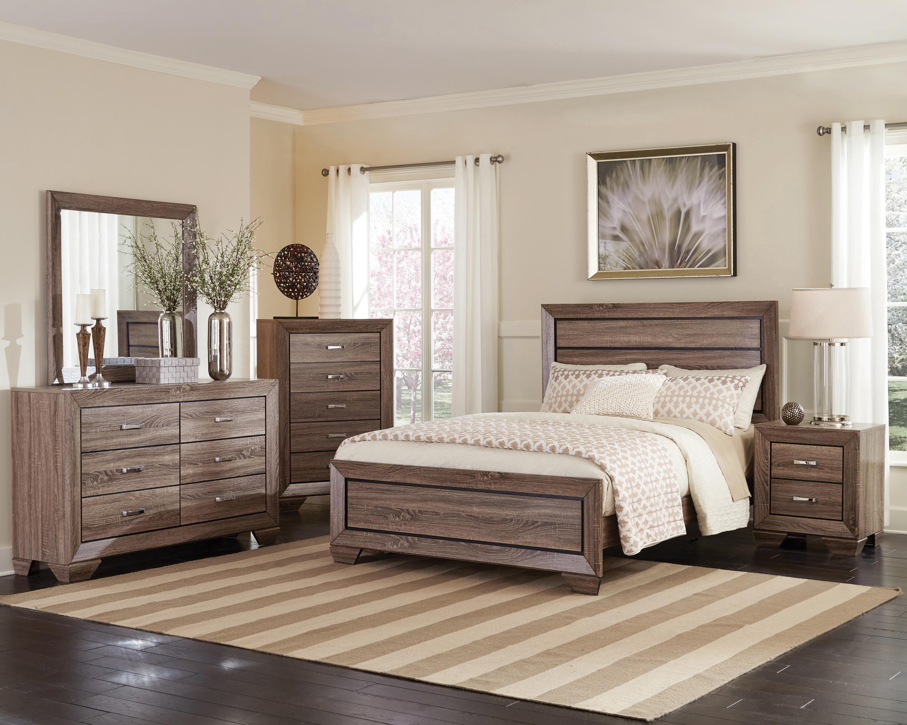 

    
Transitional Washed Taupe Wood Queen Bedroom Set 6pcs Coaster 204190Q Kauffman
