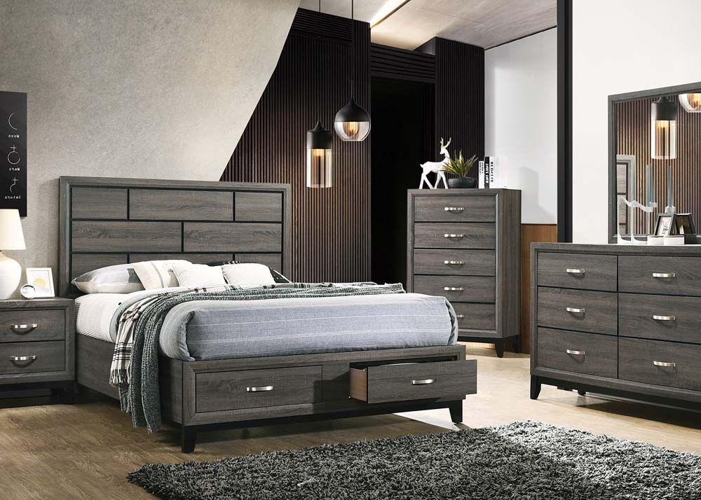 

    
Transitional Weathered Gray Queen 5pcs Bedroom Set w/ Storage by Acme Valdemar 27060Q-5pcs
