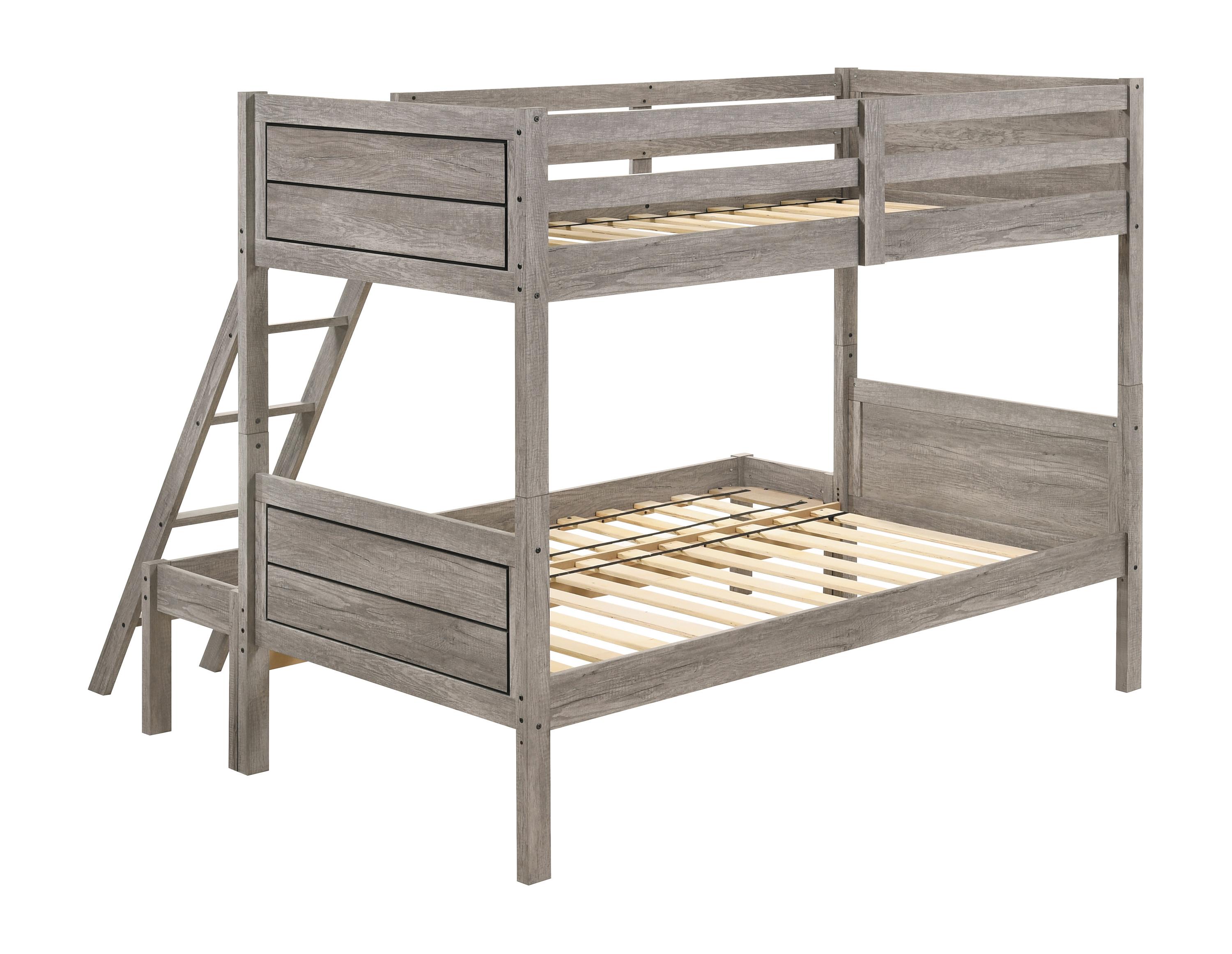

    
Transitional Weathered Taupe Solid Rubberwood Twin/Full Bunk Bed Coaster 400819 Ryder
