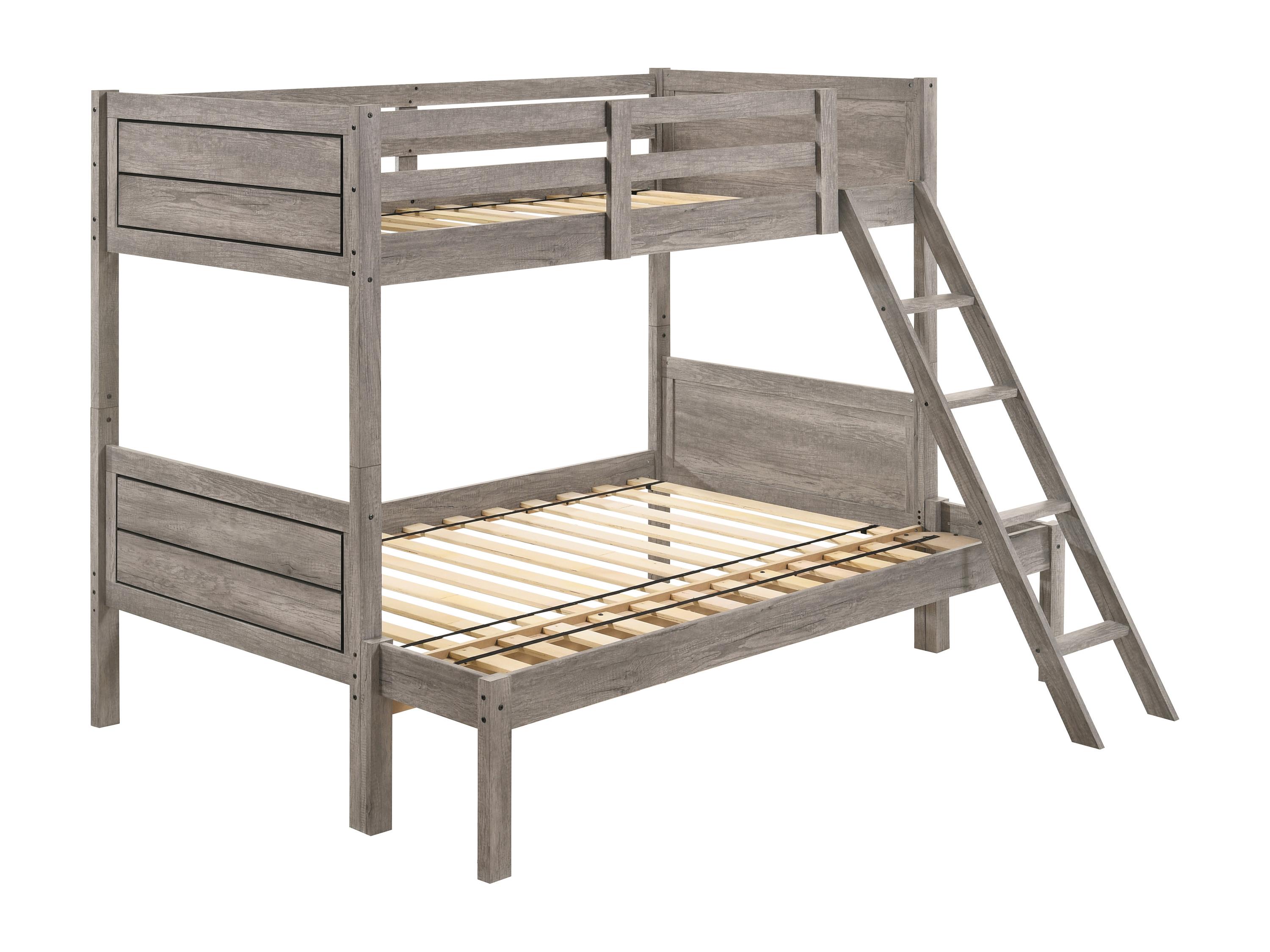 

    
Transitional Weathered Taupe Solid Rubberwood Twin/Full Bunk Bed Coaster 400819 Ryder
