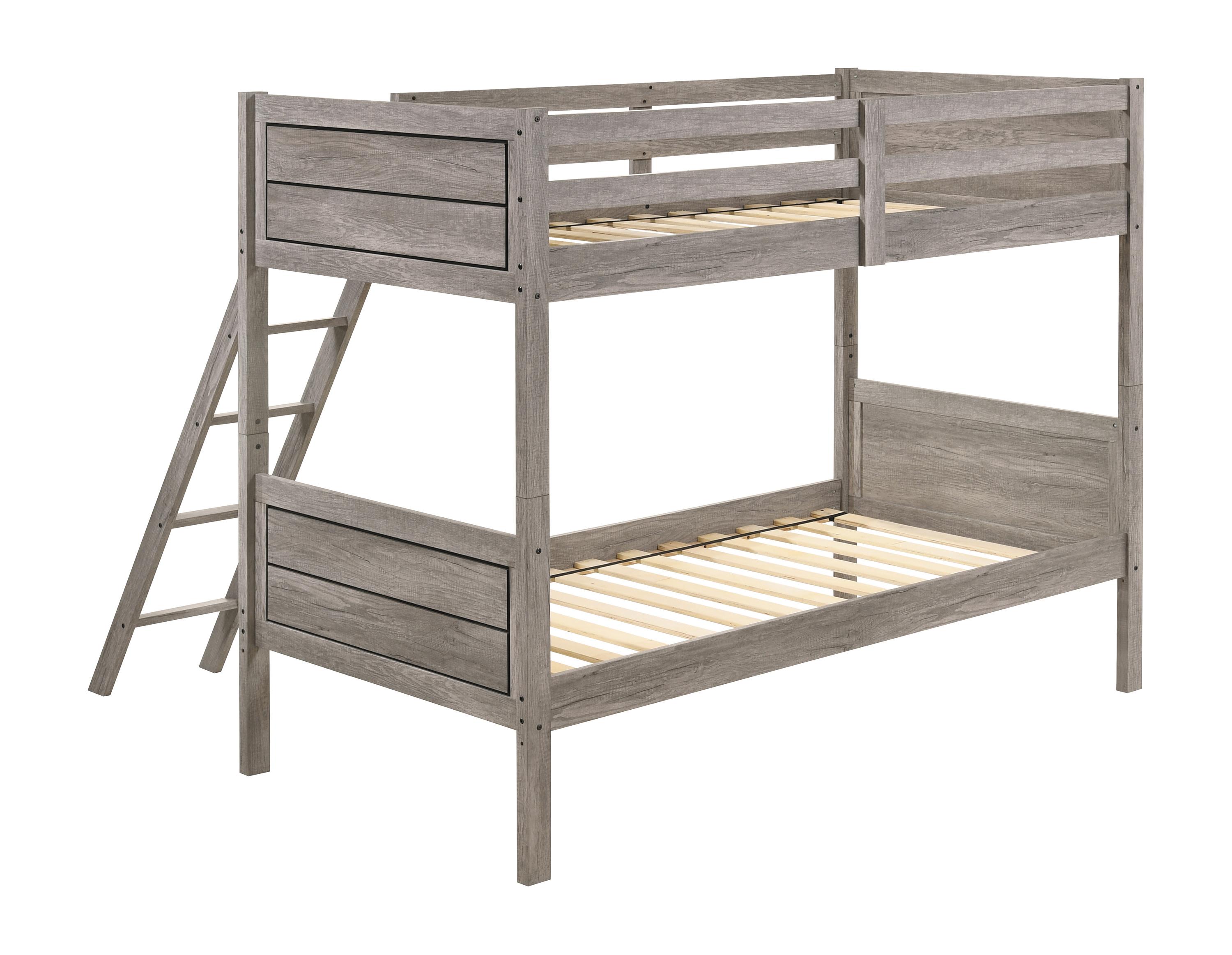 

    
Transitional Weathered Taupe Solid Rubberwood Twin/Twin Bunk Bed Coaster 400818 Ryder

