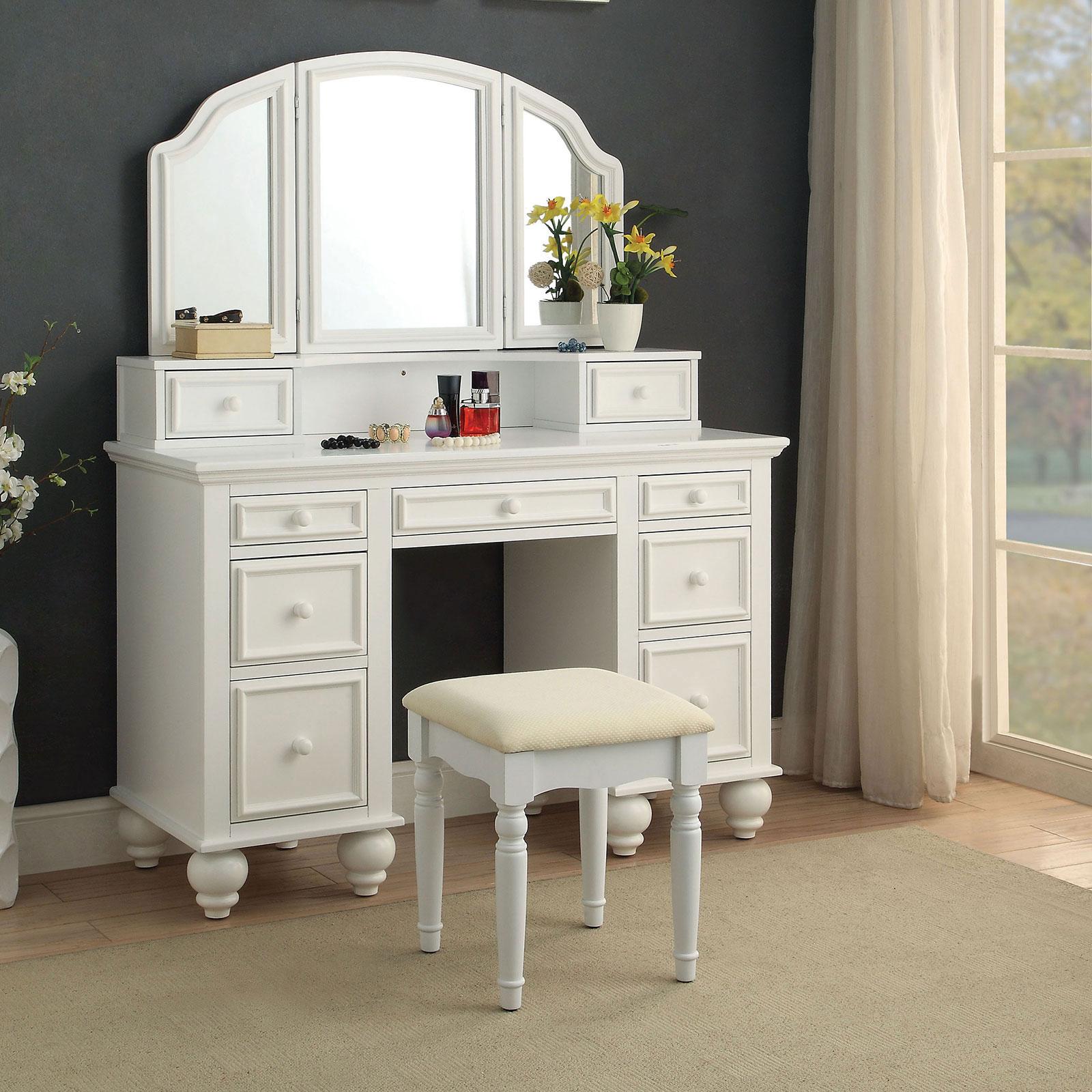 

    
White Solid Wood VANITY W/ STOOL ATHY CM-DK6848WH FoA Group Glam
