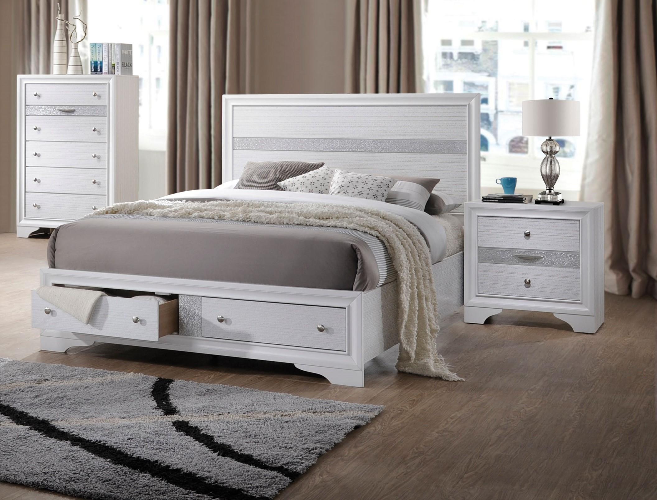 Contemporary Storage Bedroom Set Naima-25767EK 25767EK-Set-3 in White, Silver White Finish