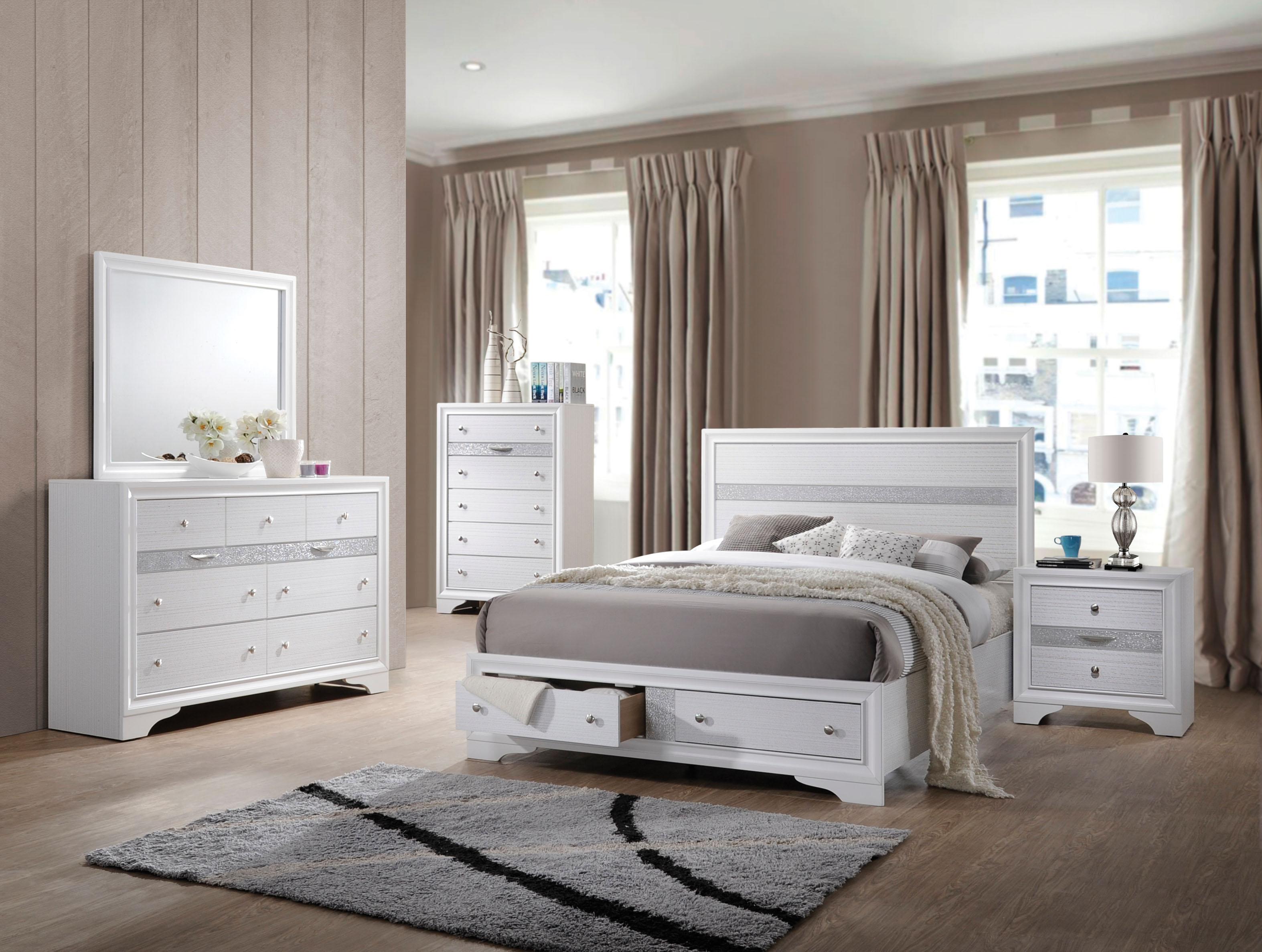 

    
 Order  White Finish Wood Queen Bedroom w/ Storage 3Pcs Contemporary Naima-25770Q  Acme
