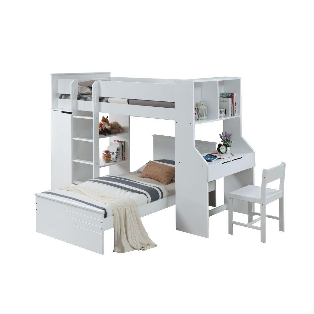 

    
Transitional White Loft Bed + Twin Bed + Chair by Acme Ragna 30770T-3pcs

