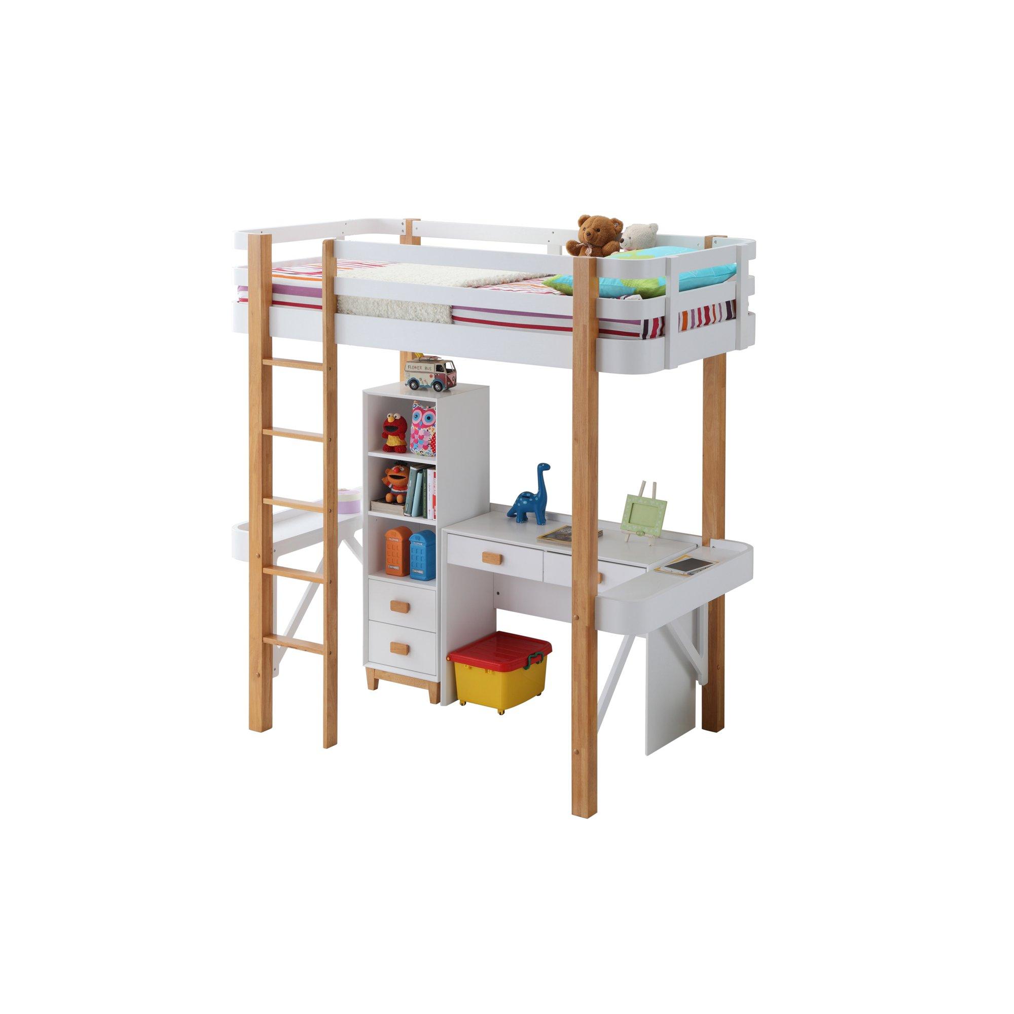 

    
White & Natural Twin Loft Bed + Desk + Bookshelf by Acme Rutherford 37970-3pcs
