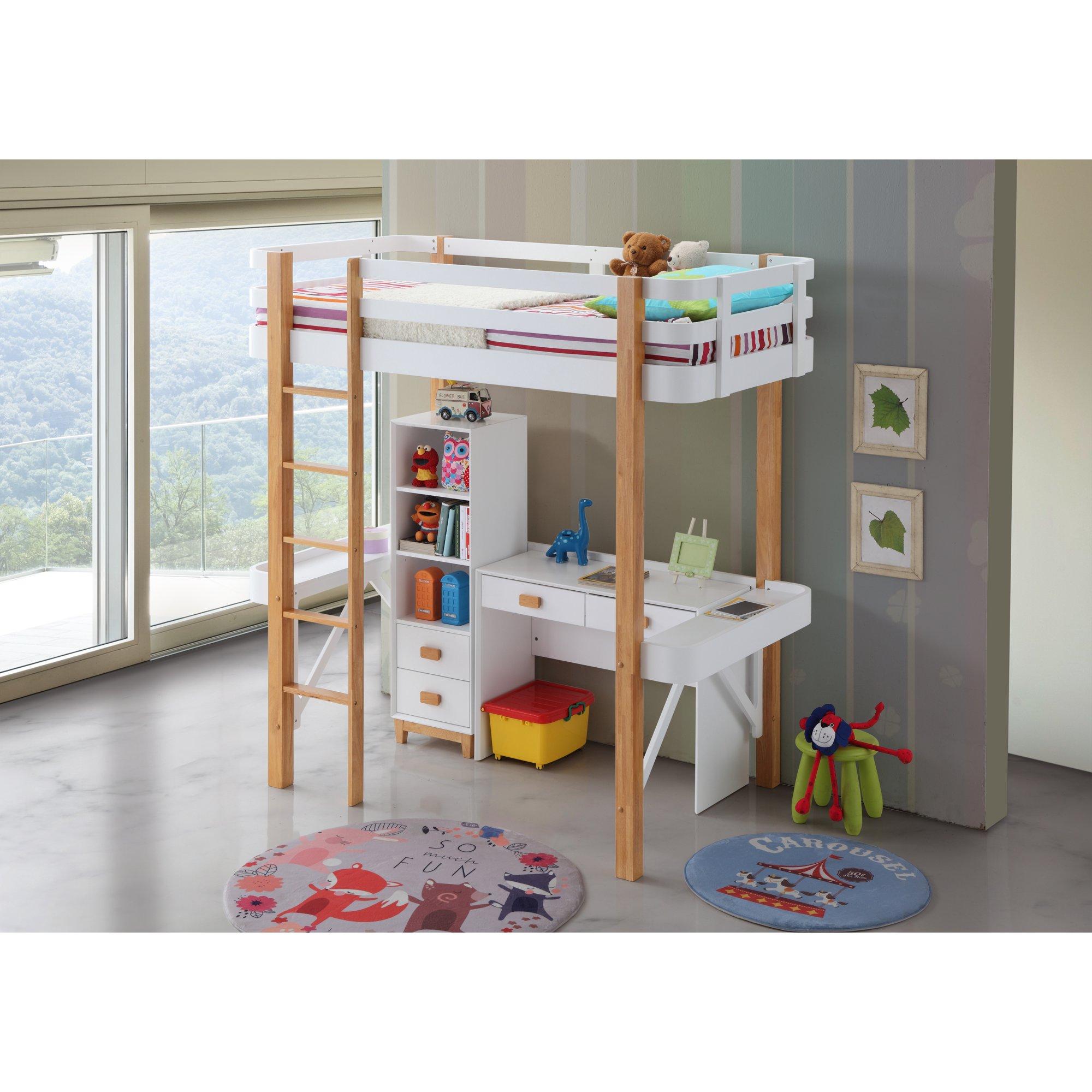 

    
White & Natural Twin Loft Bed + Desk + Bookshelf by Acme Rutherford 37970-3pcs
