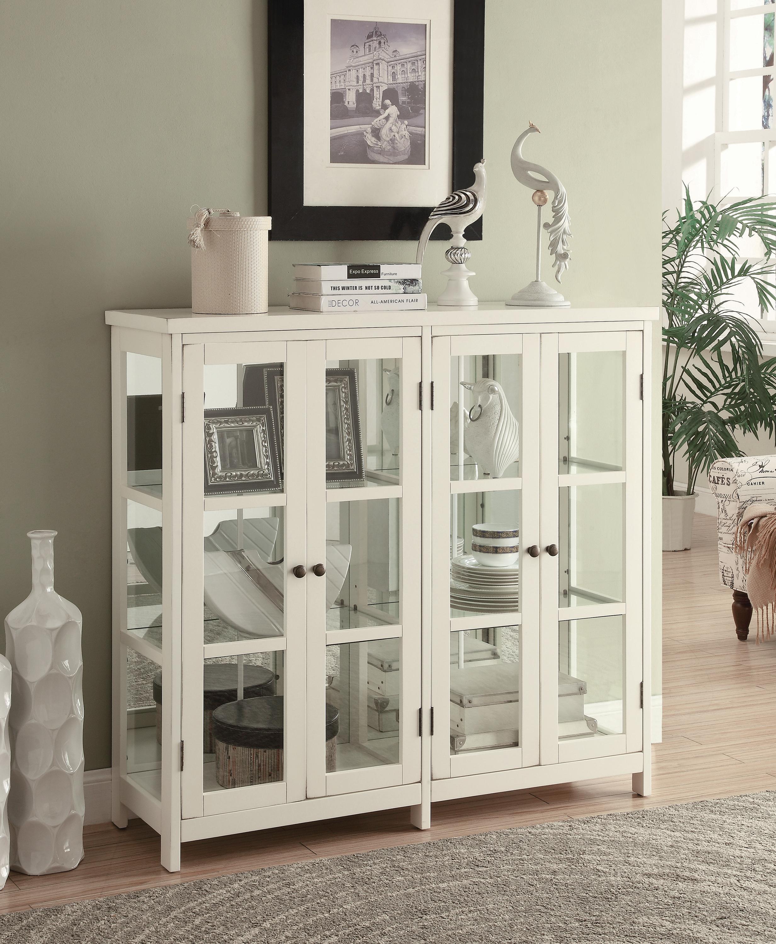 

    
Transitional White Solid Wood & Glass Accent Cabinet Coaster 950306
