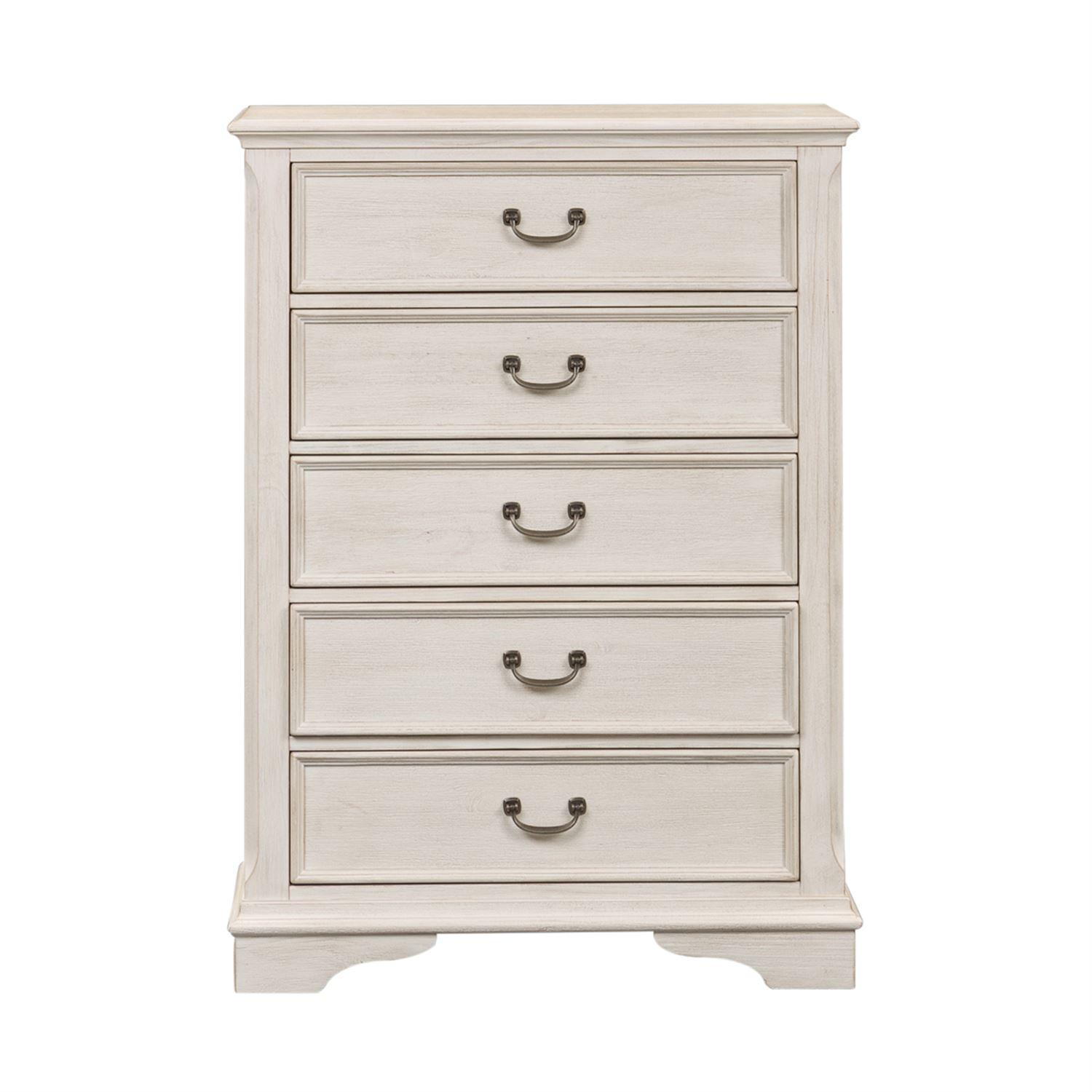 

    
Antique White Wood 5 Drawer Chest Bayside 249-BR40 Liberty Furniture
