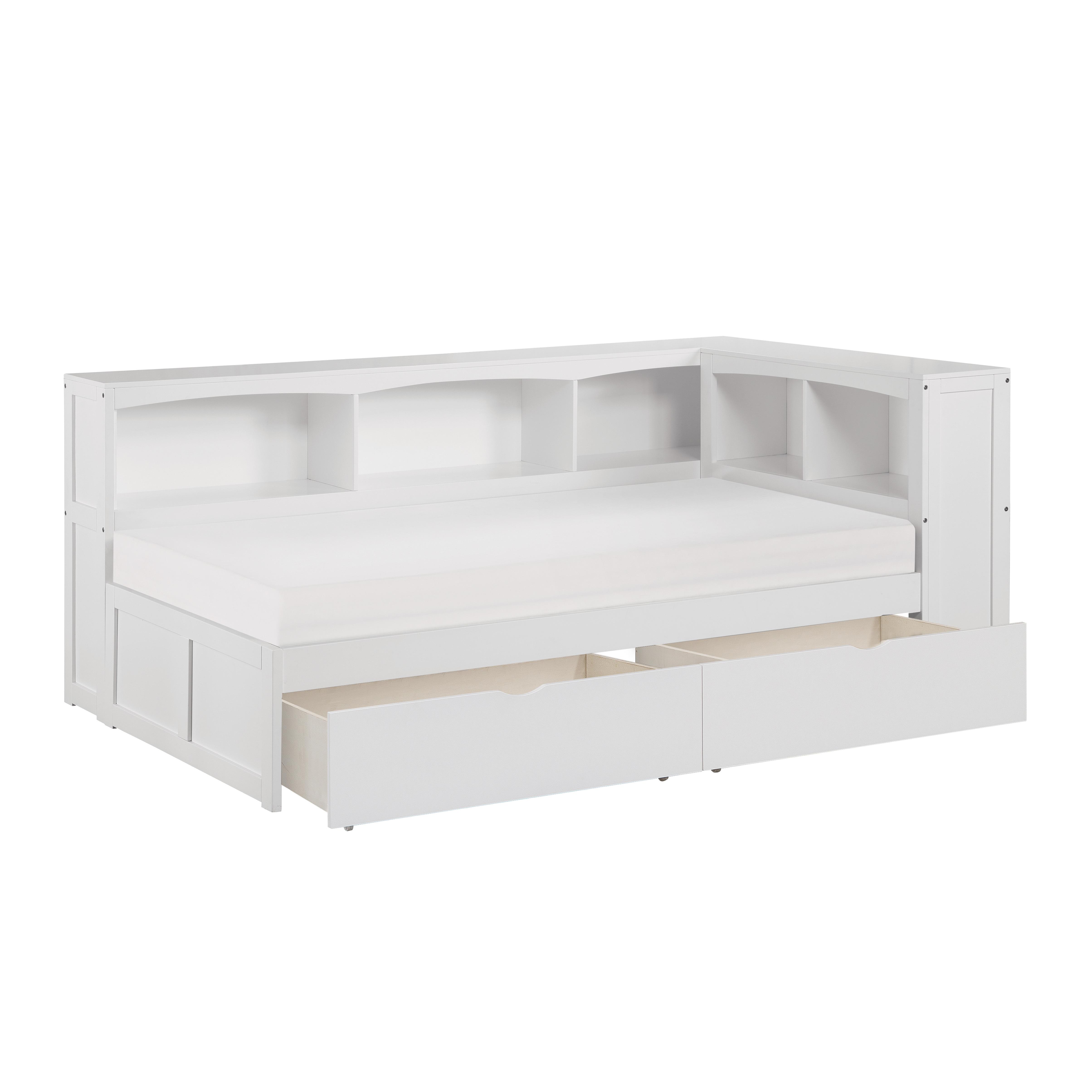 

    
Transitional White Wood Twin Bookcase Corner Bed w/Storage Boxes Homelegance B2053BCW-1BCT* Galen
