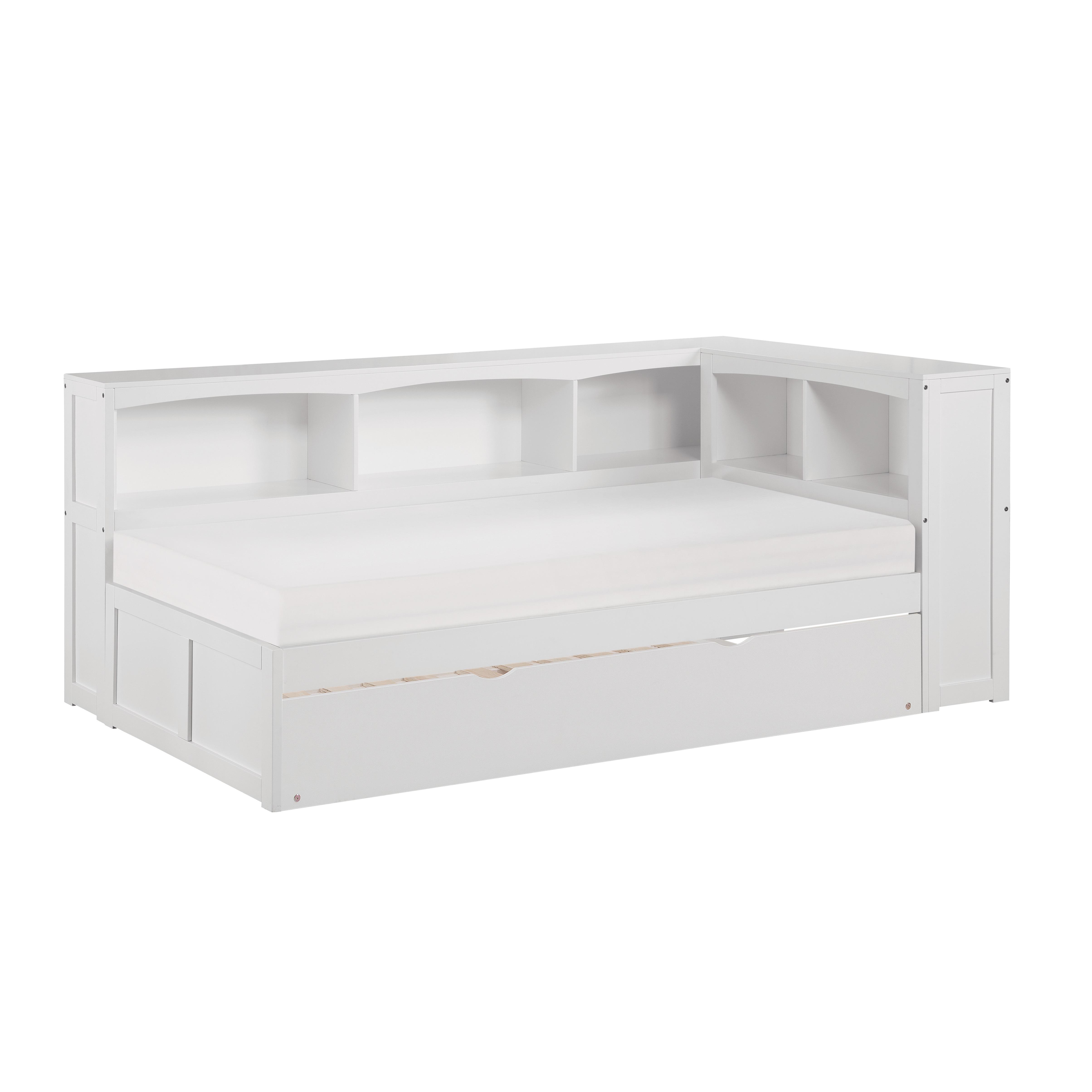 

    
Transitional White Wood Twin Bookcase Corner Bed w/Trundle Homelegance B2053BCW-1BCR* Galen
