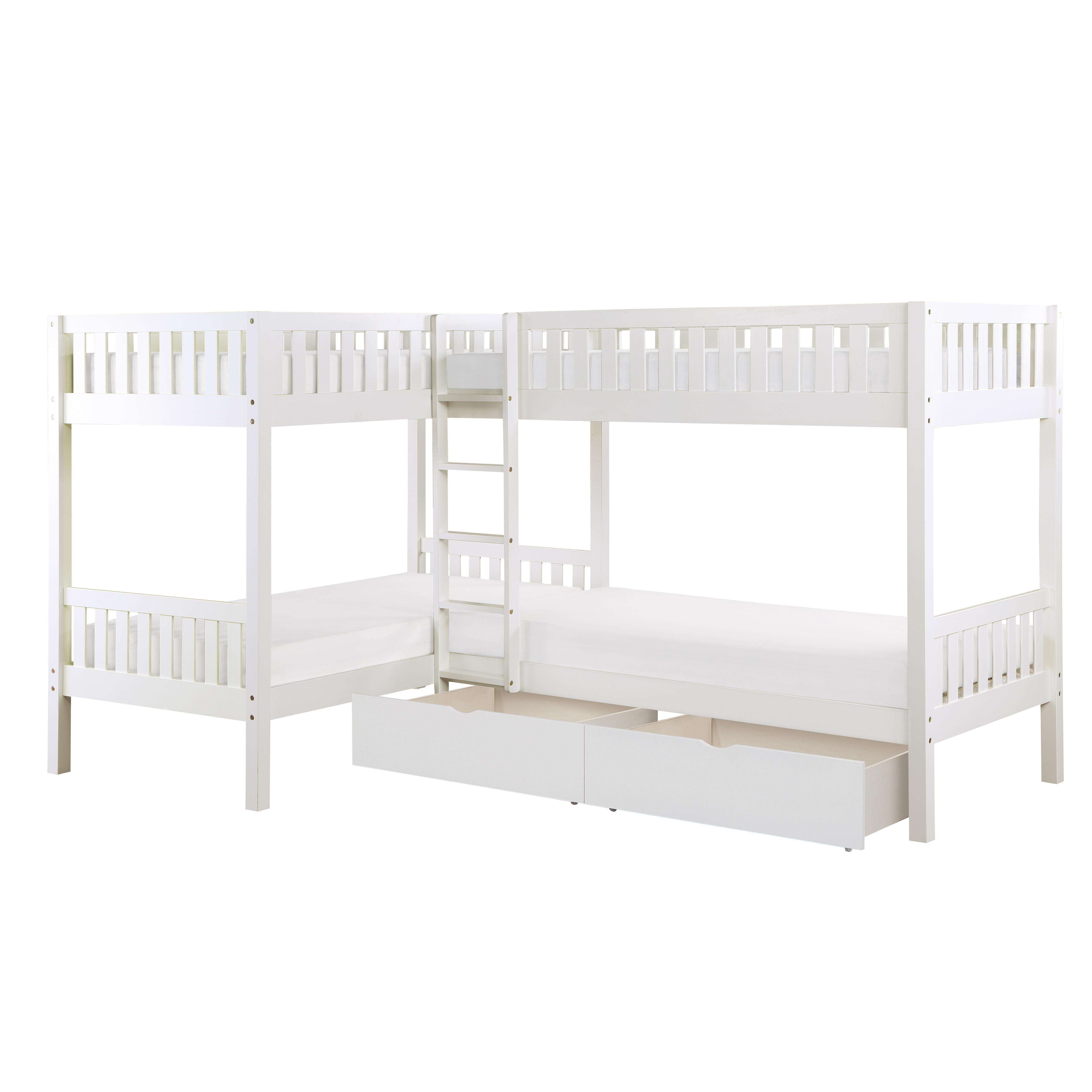

    
Transitional White Wood Twin L Corner Bunk Bed w/Storage Boxes Homelegance B2053CNW-1T* Galen
