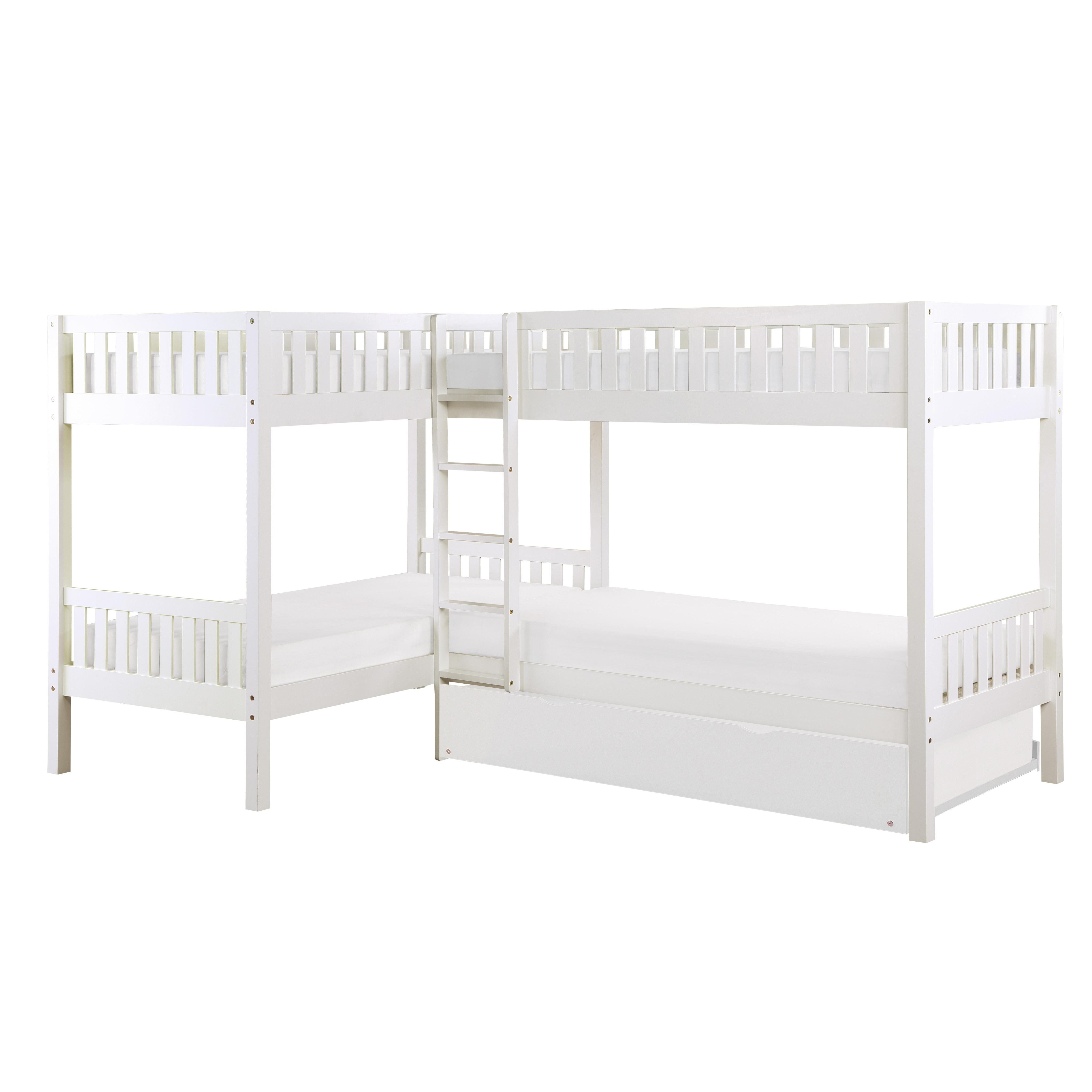 

    
Transitional White Wood Twin L Corner Bunk Bed w/Trundle Homelegance B2053CNW-1R* Galen
