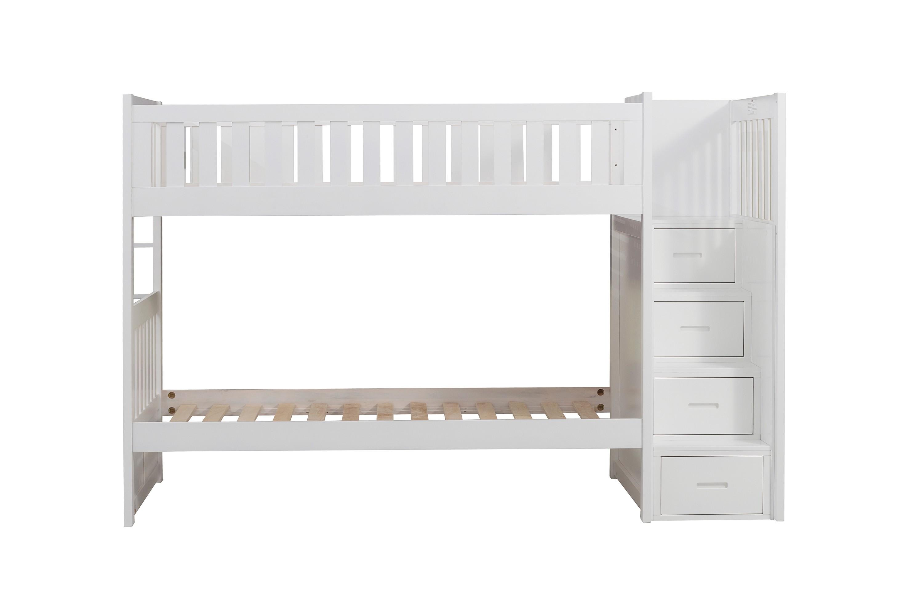 

    
Transitional White Wood Twin/Twin Bunk Bed w/Reversible Step Storage Homelegance B2053SBW-1* Galen
