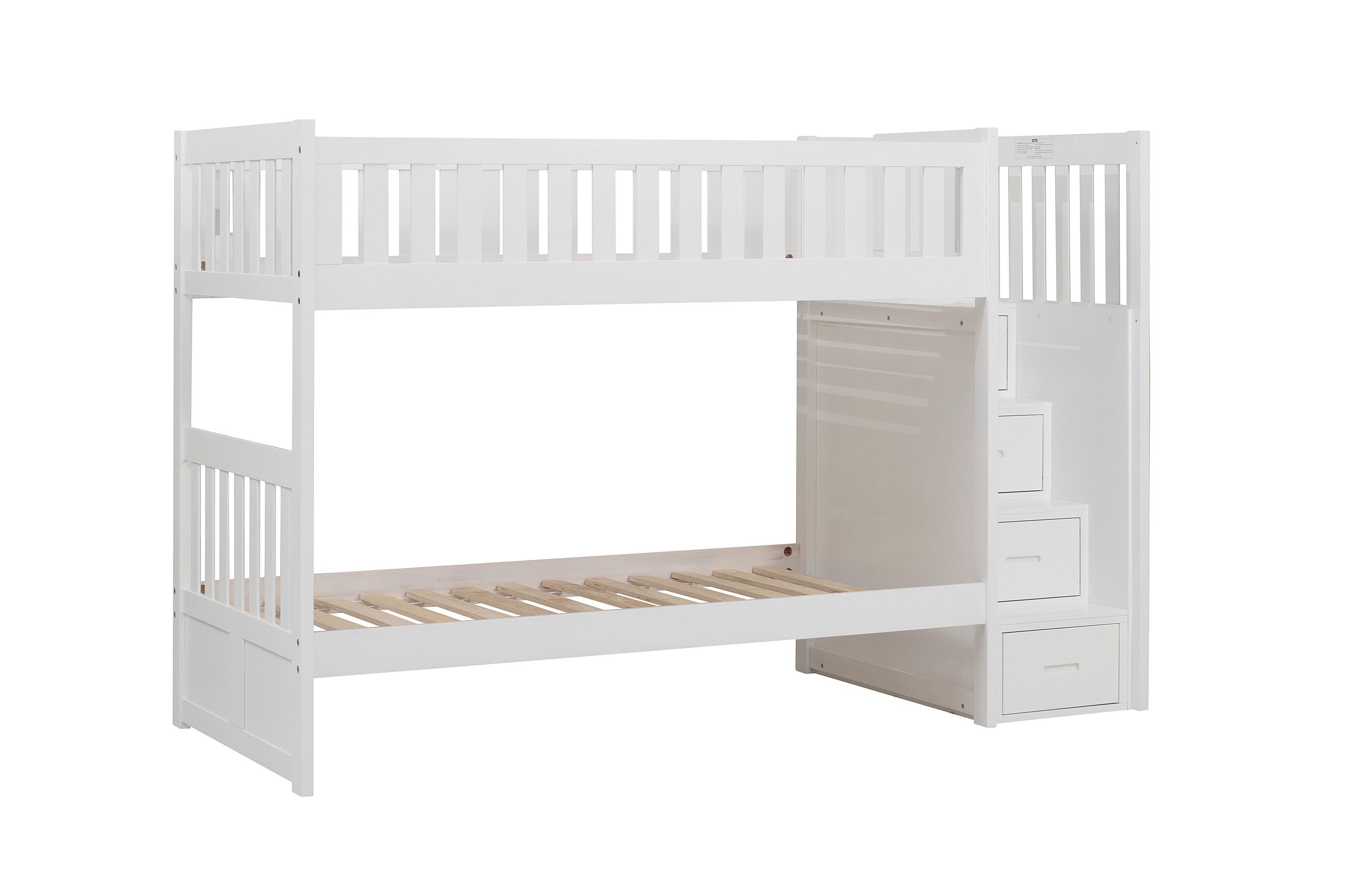 

    
Transitional White Wood Twin/Twin Bunk Bed w/Reversible Step Storage Homelegance B2053SBW-1* Galen
