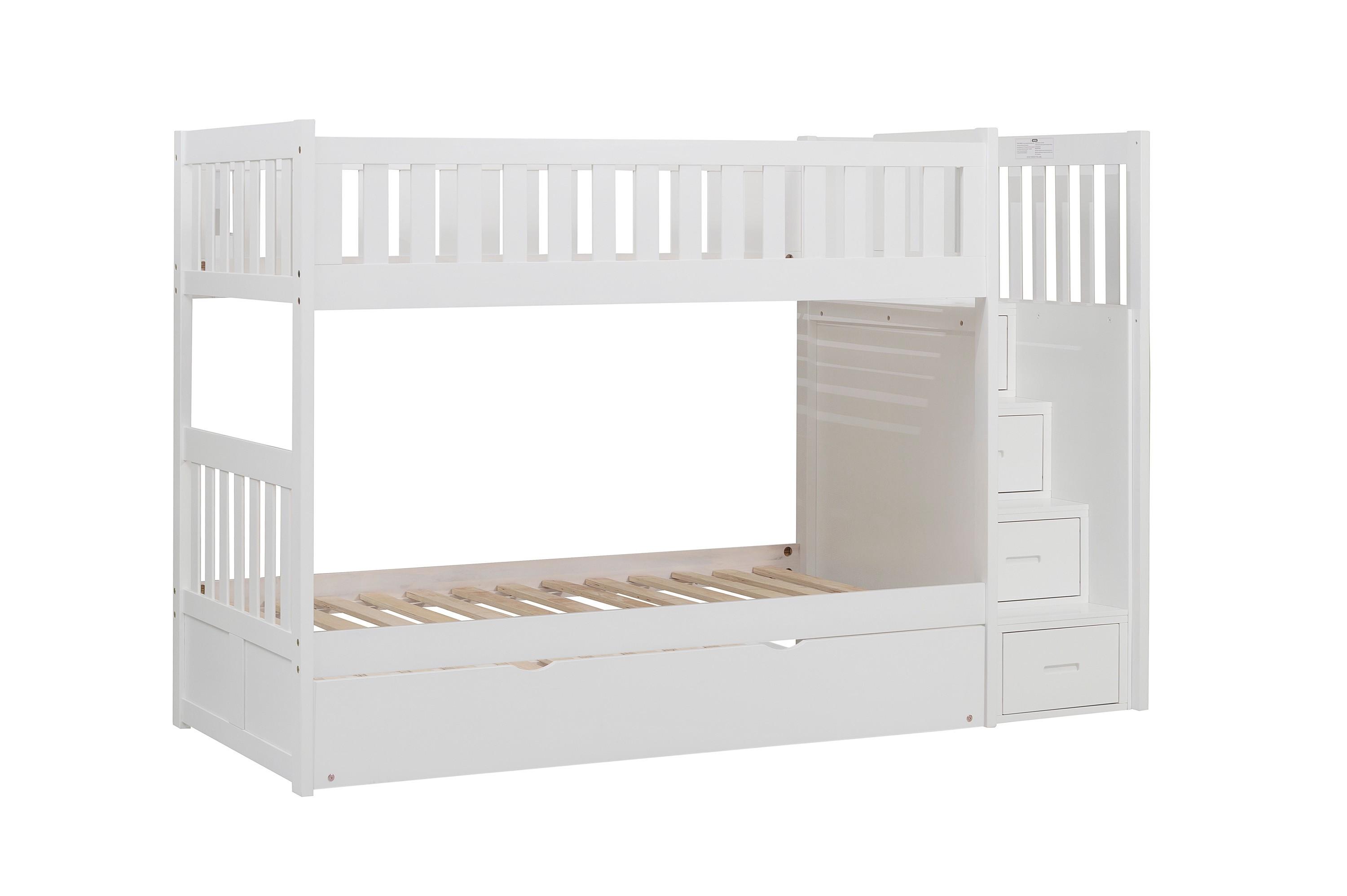 

    
Transitional White Wood Twin/Twin Bunk Bed w/Reversible Step Storage Homelegance B2053SBW-1*R Galen
