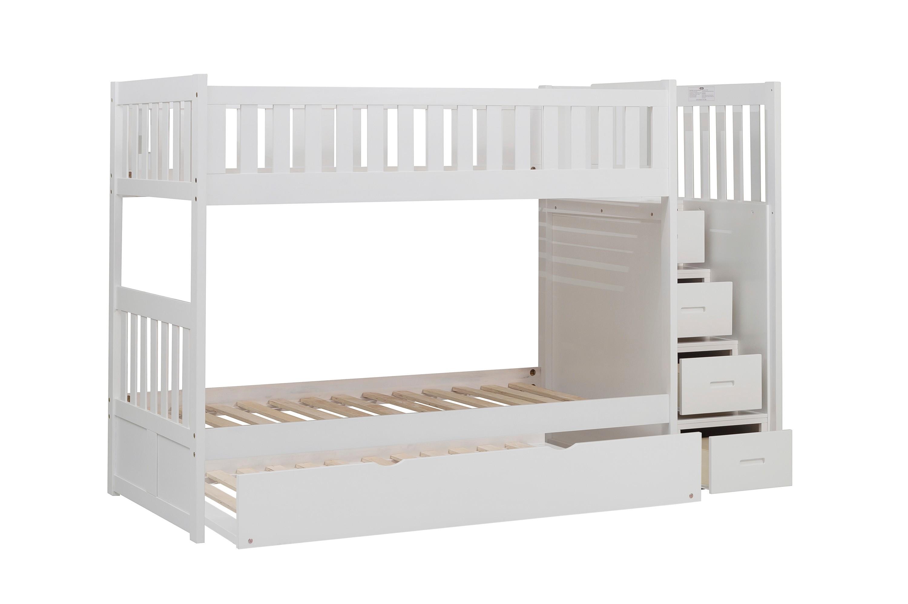 

    
Transitional White Wood Twin/Twin Bunk Bed w/Reversible Step Storage Homelegance B2053SBW-1*R Galen
