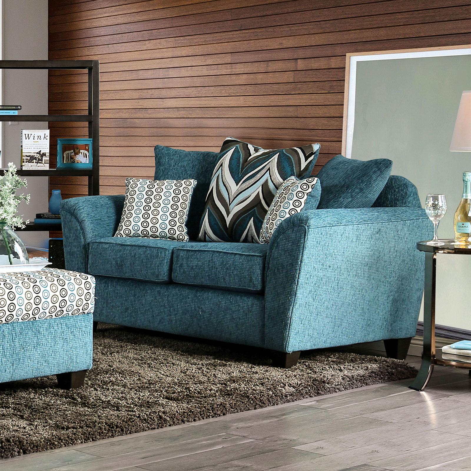 

    
Turquoise Chenille Loveseat RIVER SM4120-LV Furniture of America Transitional
