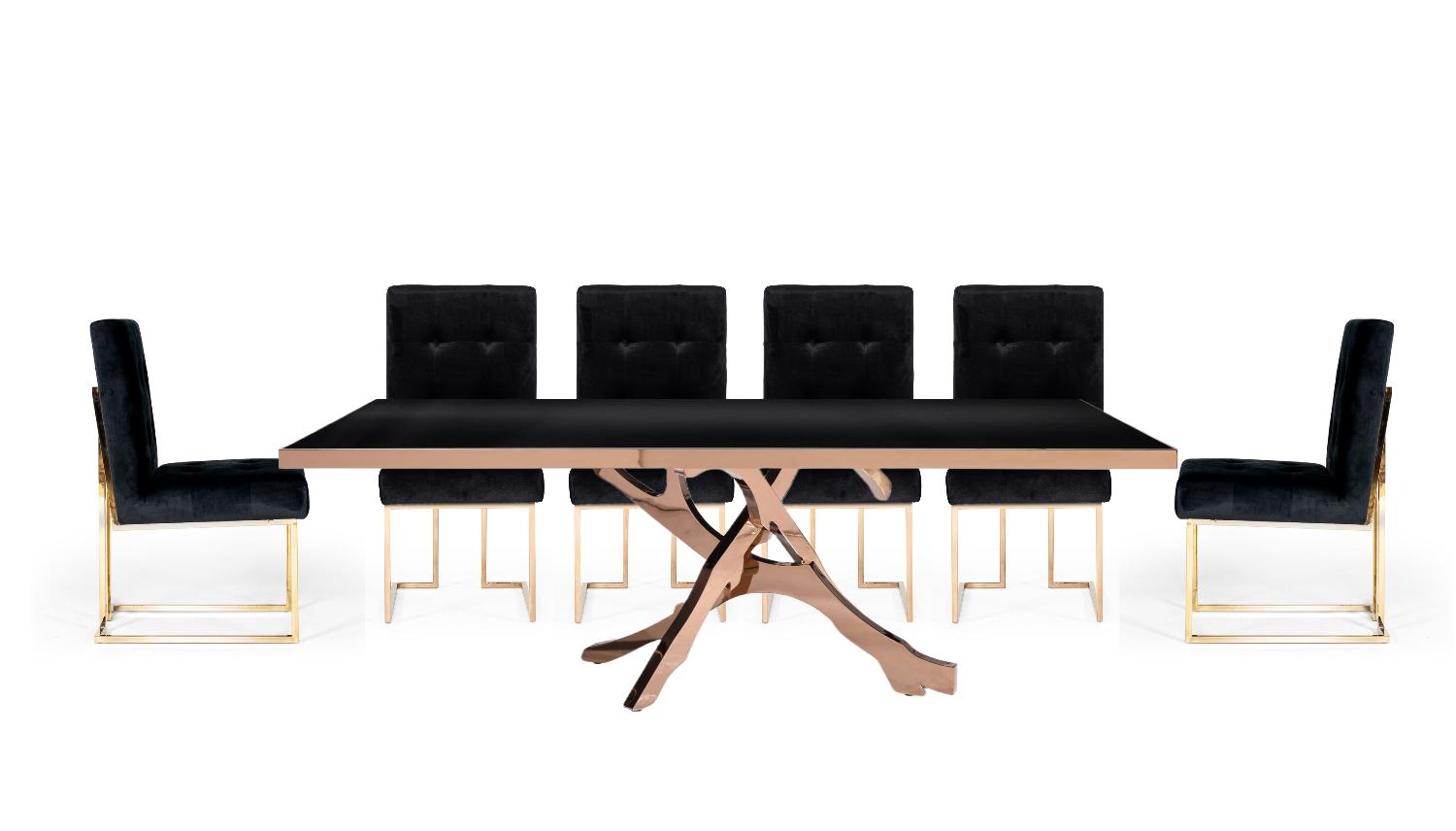 

    
Tree Branch Black Glass Dining Table + 6 Black Velvet Chairs by VIG Modrest Legend
