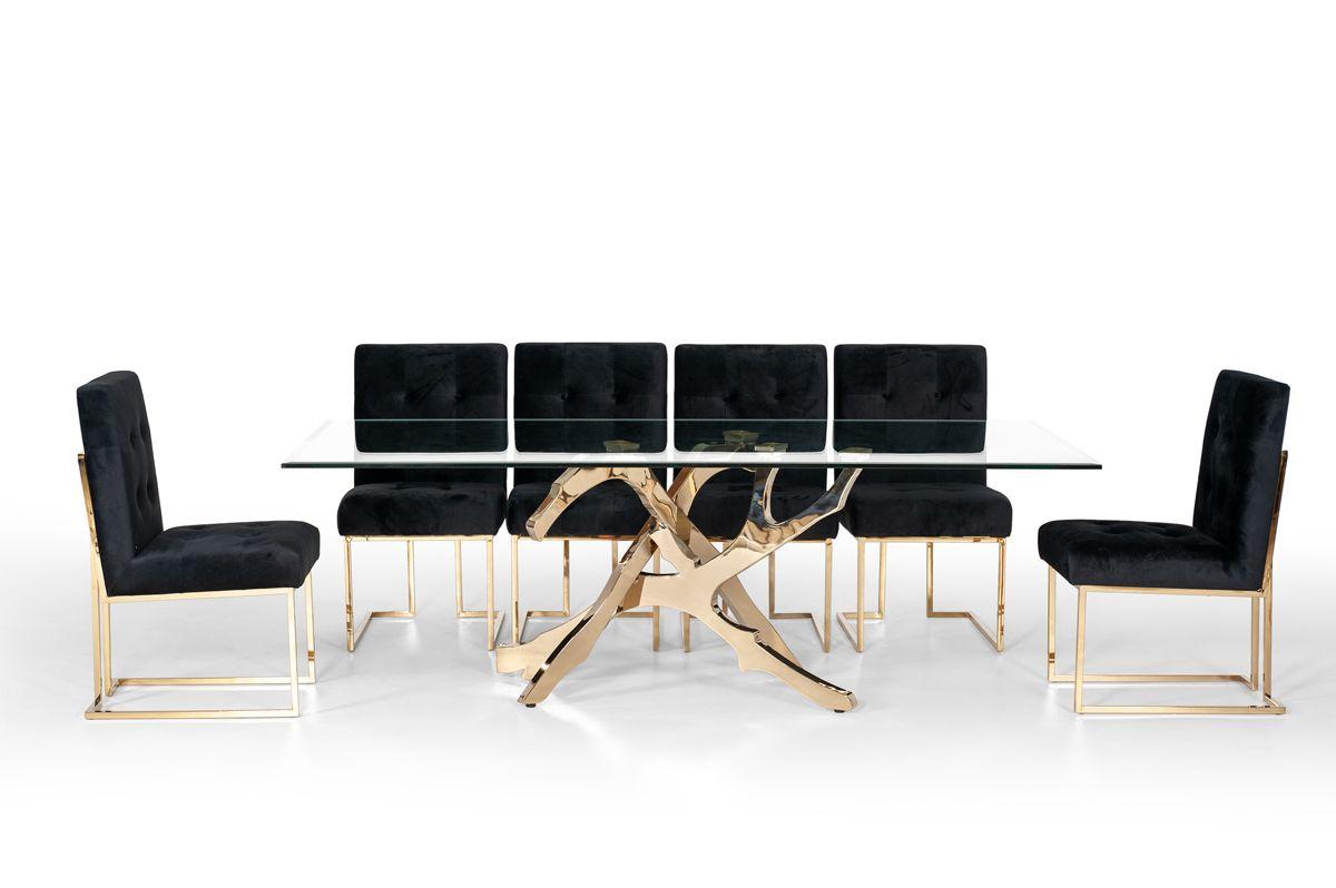 

    
Tree Branch Gold Steel Dining Table + 6 Black Fabric Chairs by VIG Modrest Legend
