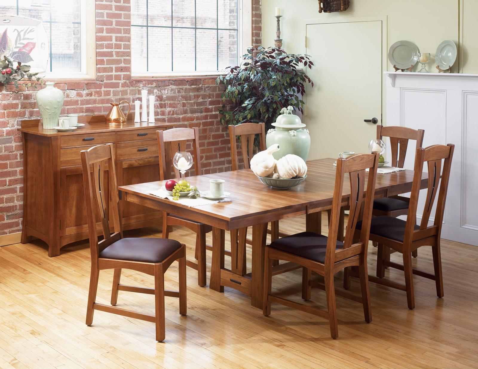 Rustic Dining Table Set Cattail Bungalow CATAM6300-Set-7 in Amber, Light Brown Top grain leather