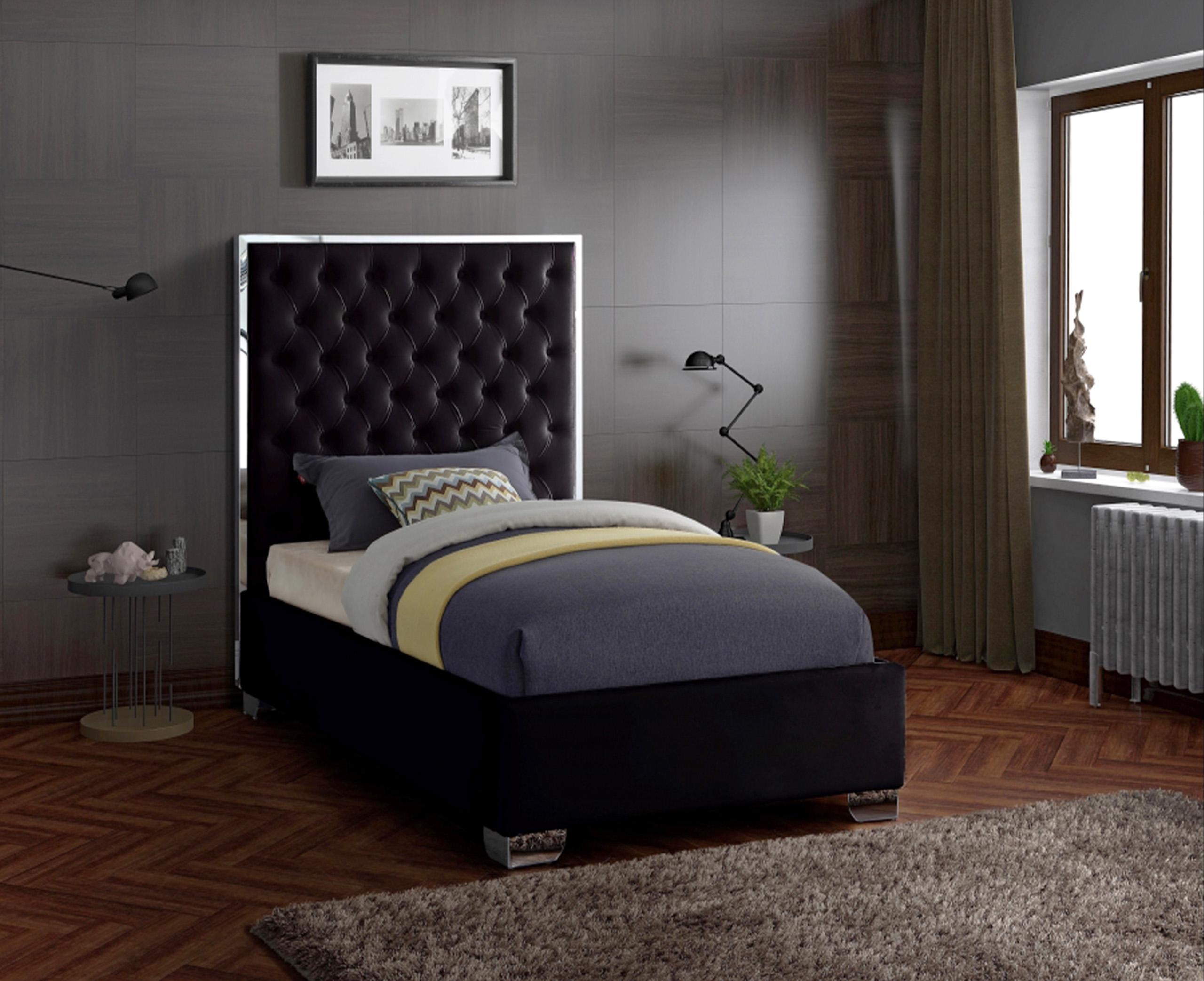 

    
Tufted Black Velvet Twin Platform Bed Lexi Meridian Contemporary Modern
