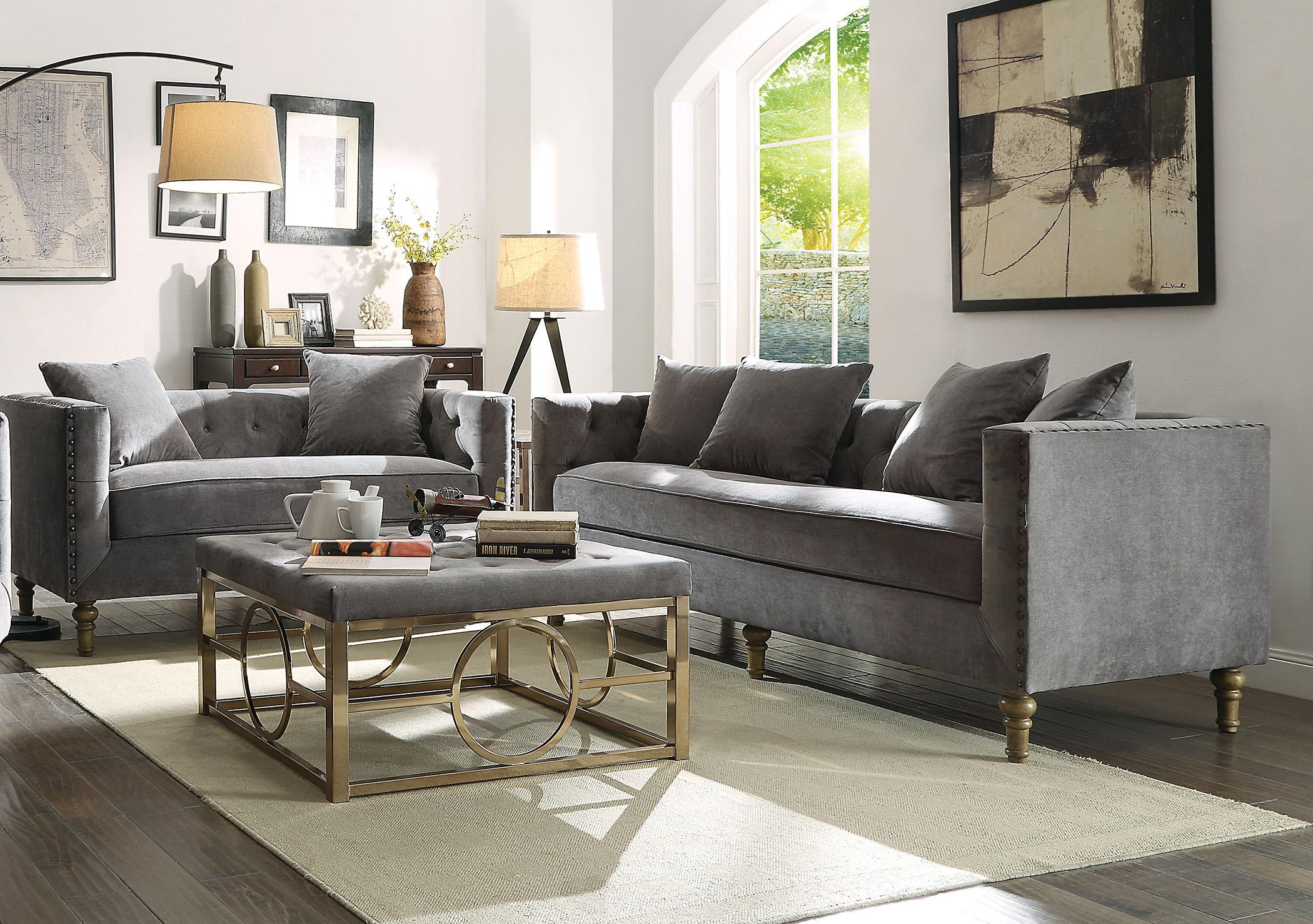 

        
Acme Furniture Sidonia Sofa Loveseat Chair and Ottoman Set Gray Velvet 0840412049897
