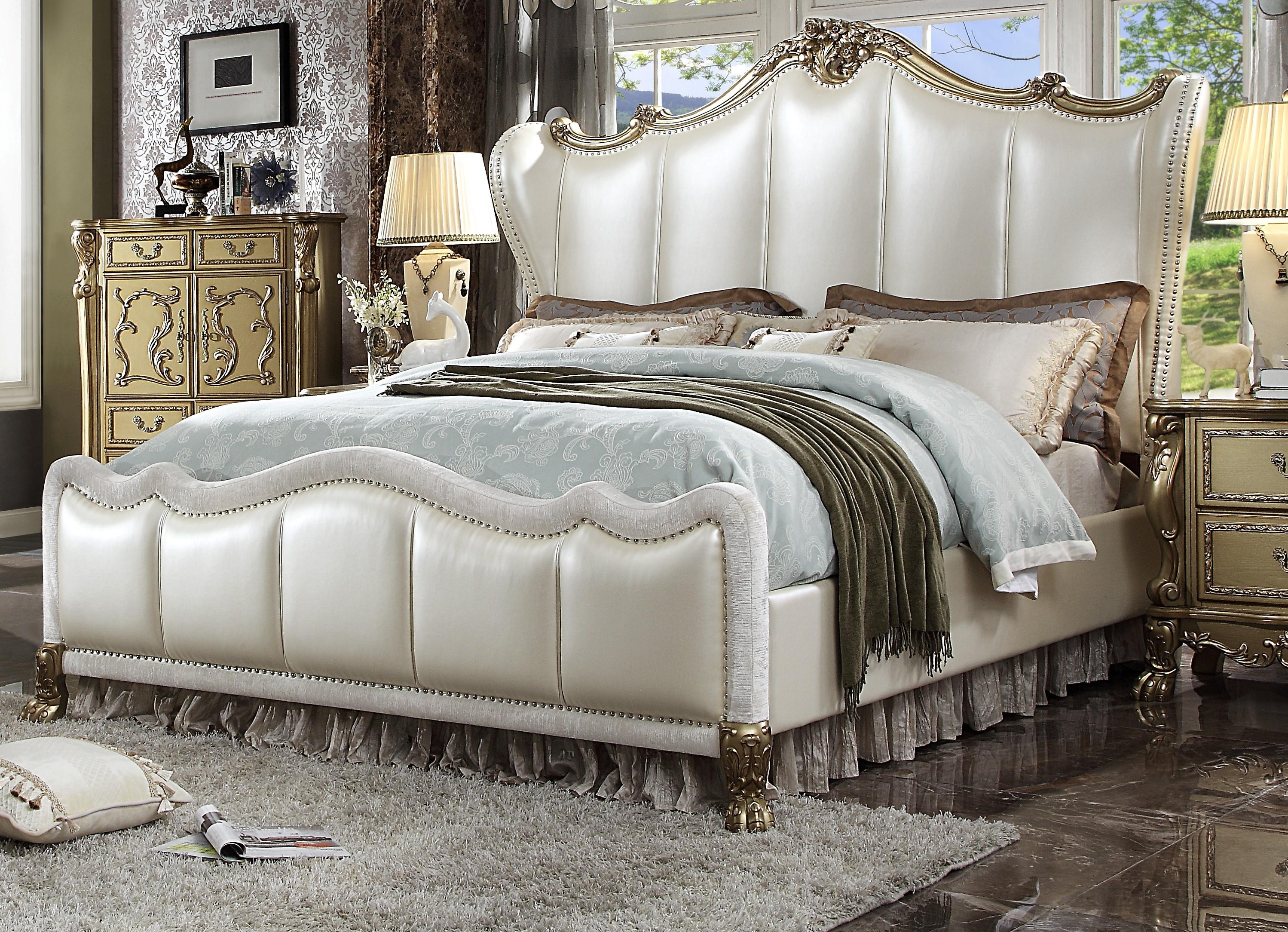 

    
Tufted Pearl White & Gold Patina Queen Bed Dresden II-27820Q Acme Traditional
