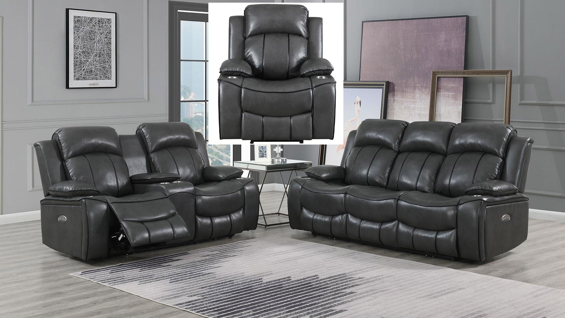 

    
U3120 Charcoal Grey Faux Leather Power Reclining Sofa Set w/Console 3Pcs Global USA
