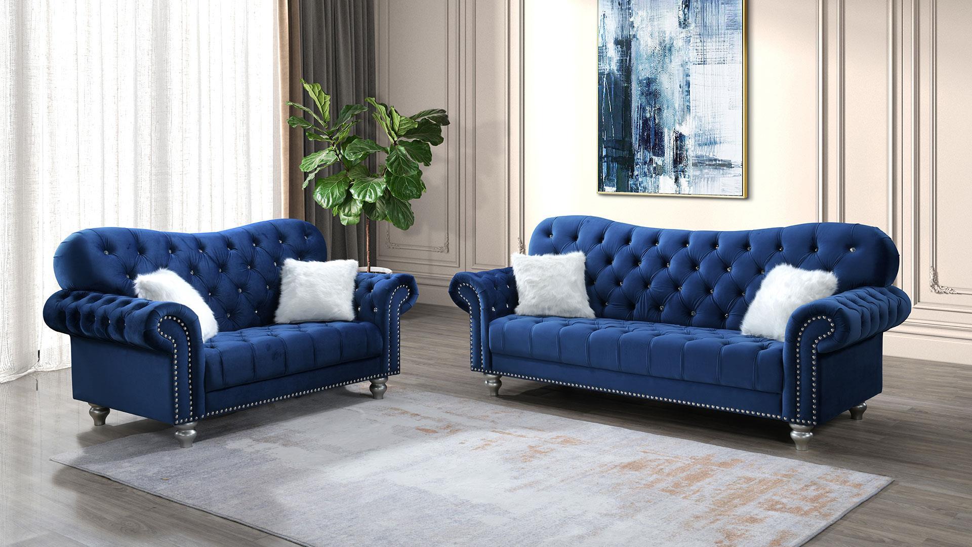 Contemporary,  Vintage Sofa and Loveseat Set U4422 U4422-NAVY VELVET-S/LS in Blue Velvet