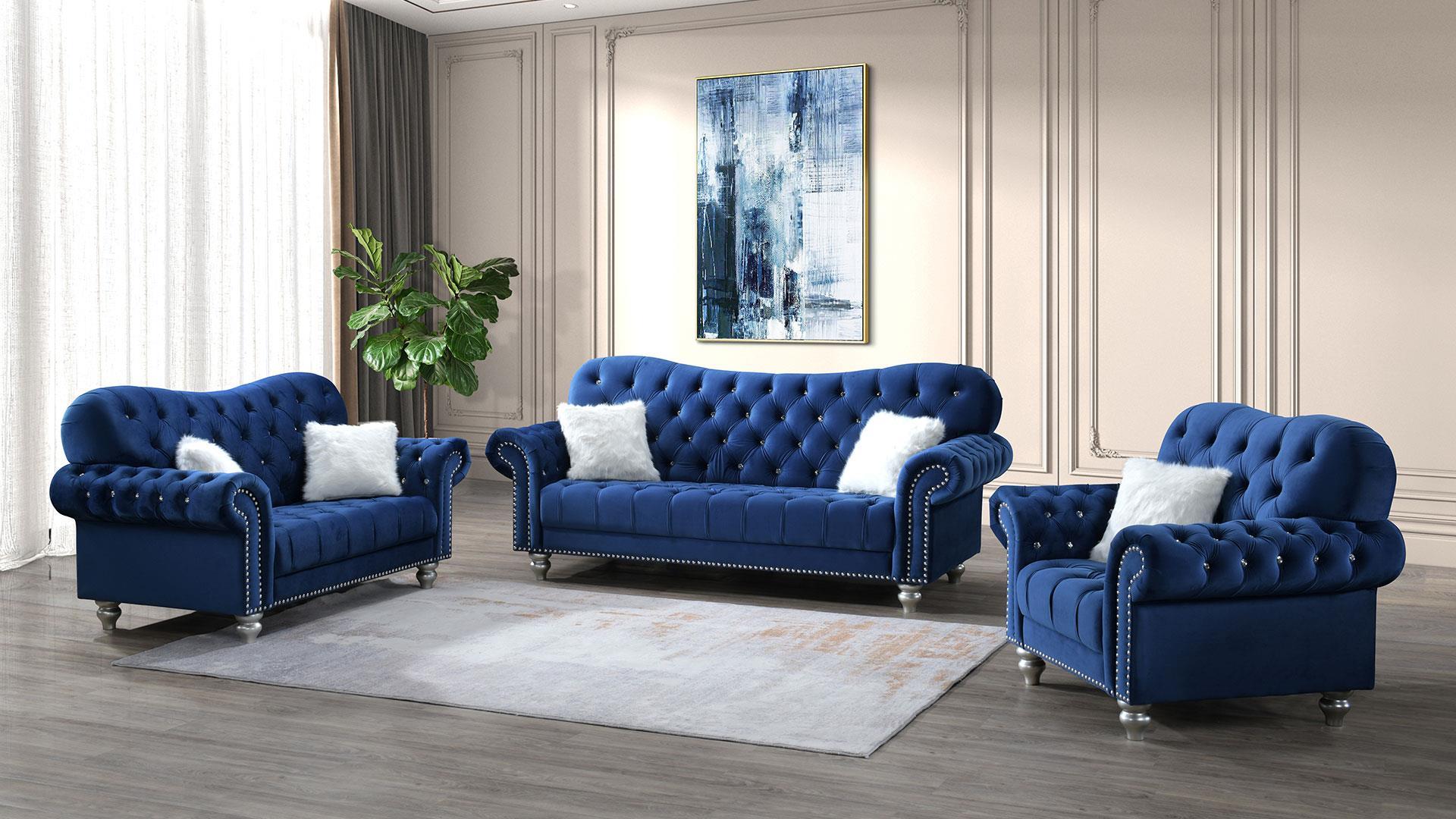 

    
U4422 Navy Blue Velvet Vintage-inspired Sofa Set 3Pcs Global USA
