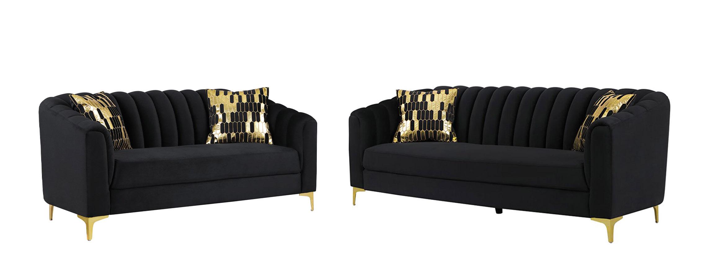 Contemporary Sofa and Loveseat Set U777 U777-BLACK VELVET-S/LS in Black Velvet
