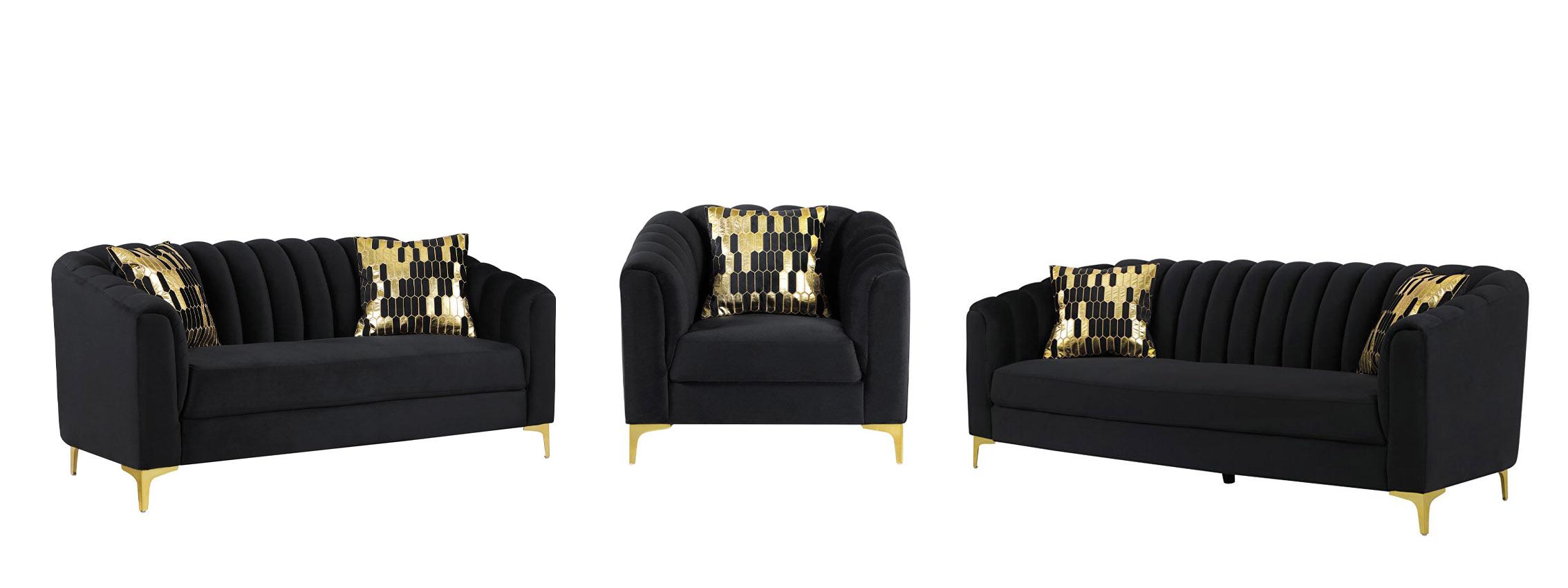 Contemporary Sofa Loveseat and Chair Set U777 U777-BLACK VELVET-S/LS/CH in Black Velvet