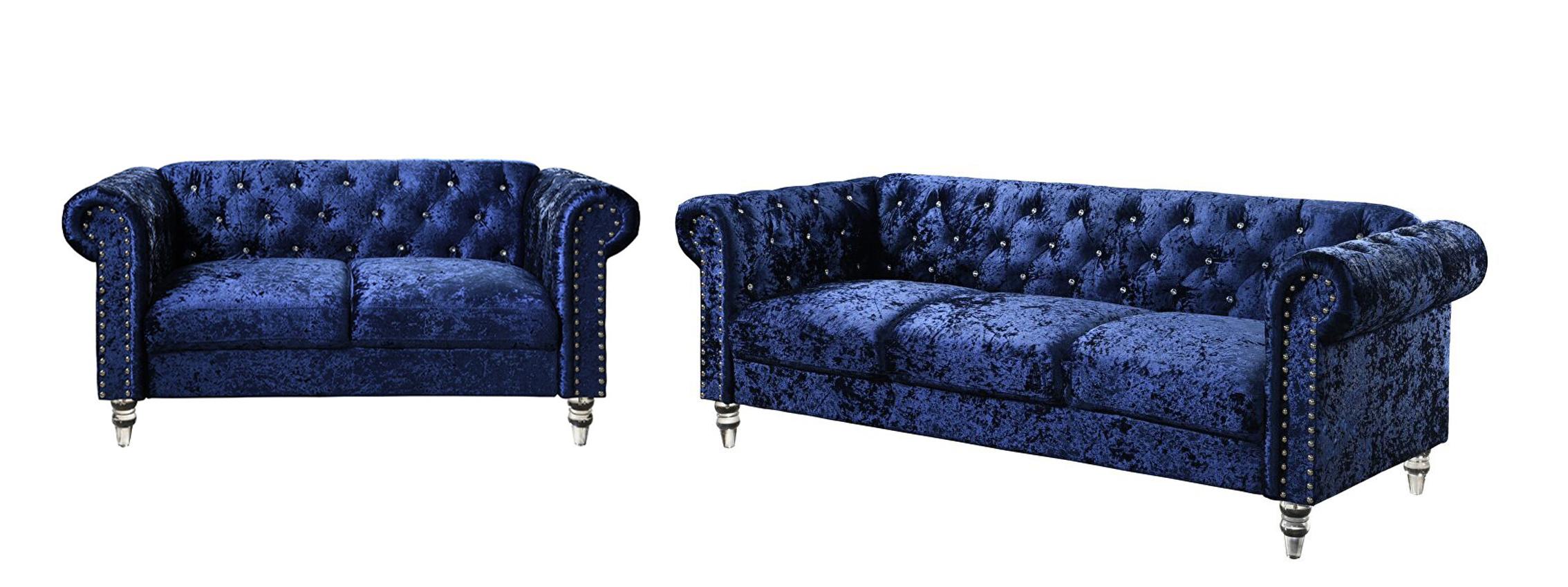 Transitional Sofa and Loveseat Set U9550 U9550-BLUE VELVET-S/LS in Blue Velvet
