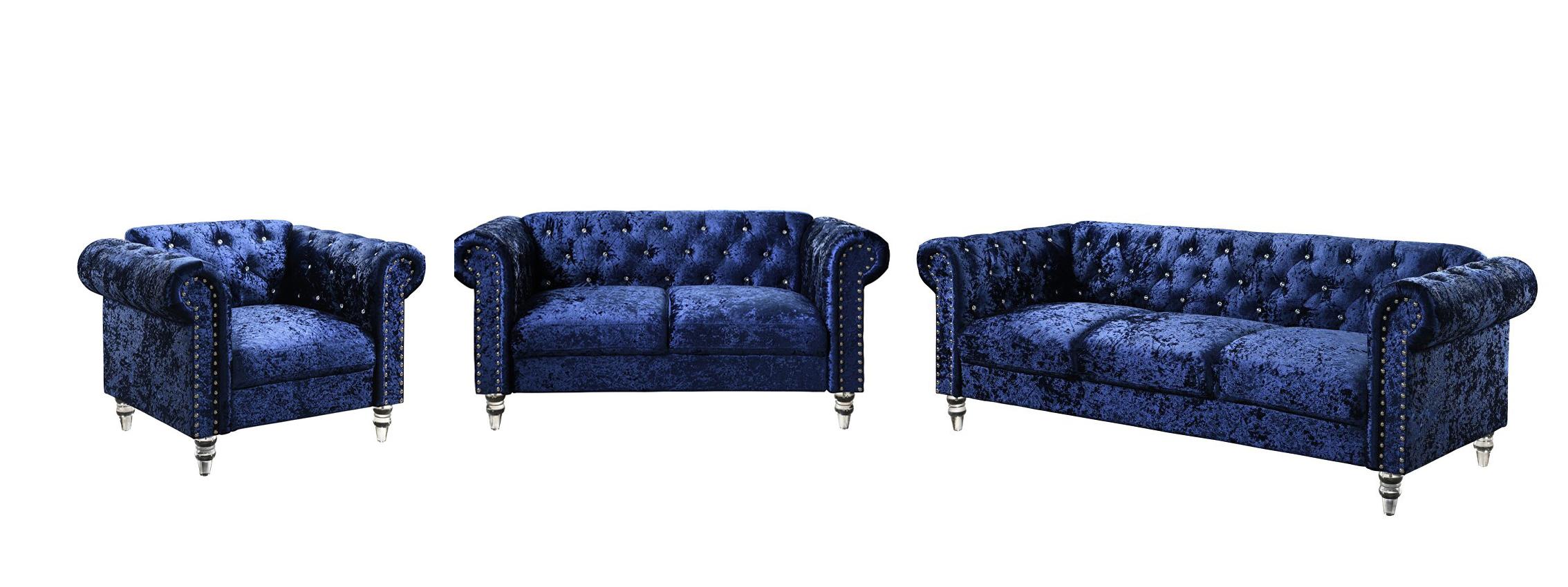 Transitional Sofa Loveseat and Chair Set U9550 U9550-BLUE VELVET-S/LS/CH in Blue Velvet