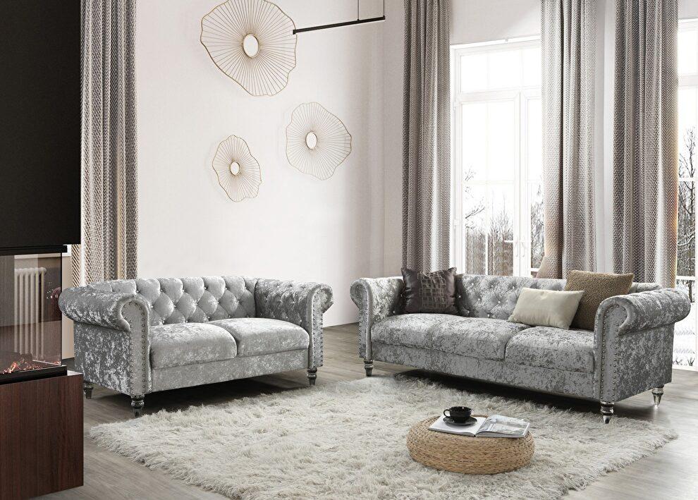 

    
U9550 Tufted Design Glam Grey Velvet Sofa Set 2Pcs Global USA
