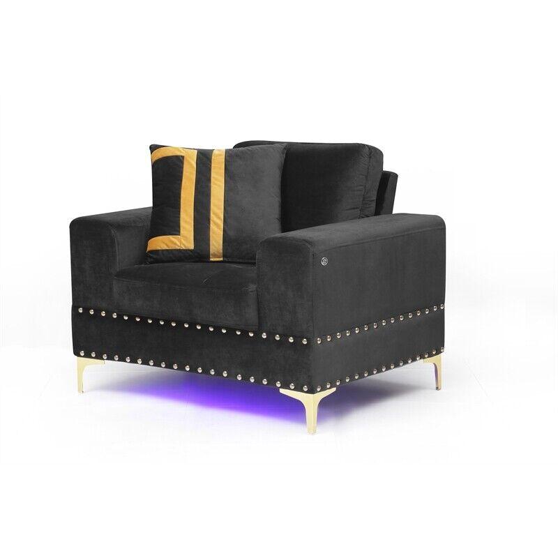 Transitional Armchair U98 U98-BLACK VELVET-CH W/ LED in Gold, Black Velvet