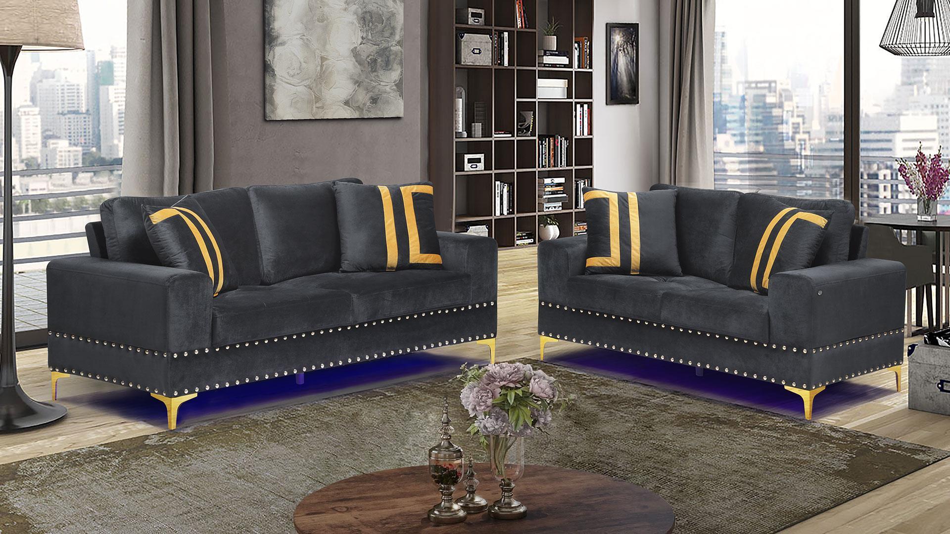 

    
U98 Glam Design Black Velvet Sofa Set 2Pcs w/ LED Global USA
