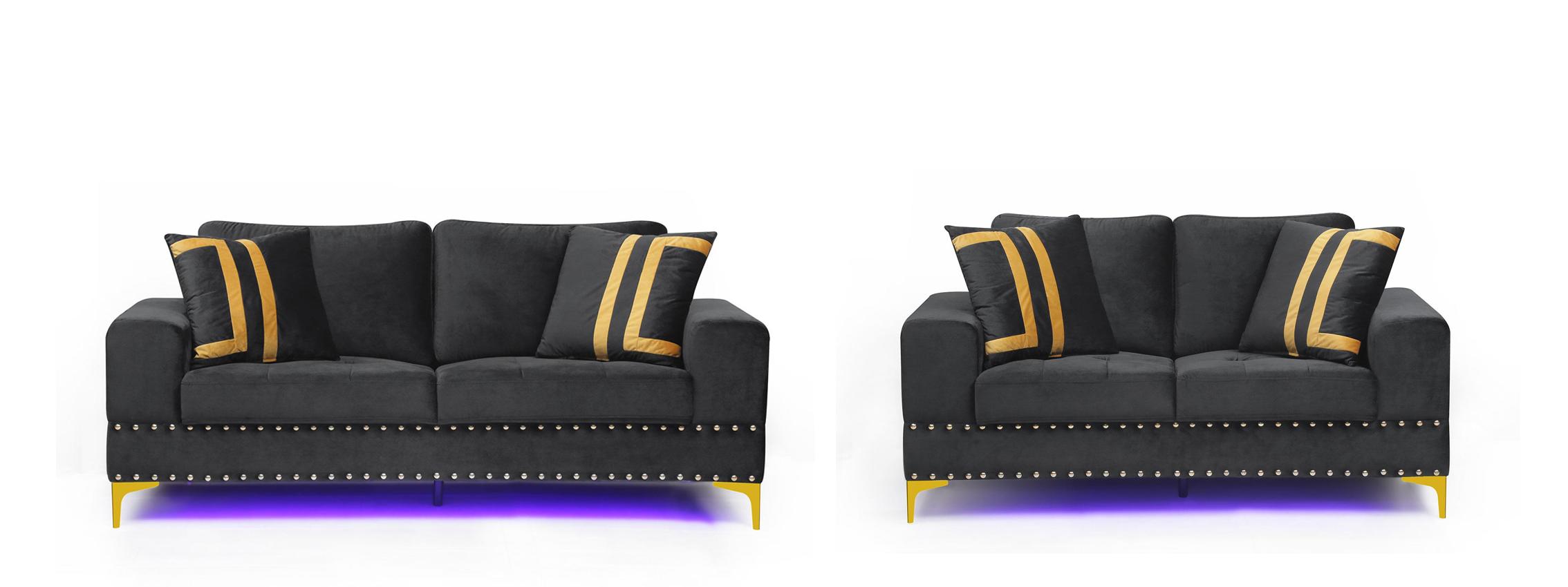 Transitional Sofa and Loveseat Set U98 U98-BLACK VELVET-S/LS in Gold, Black Velvet